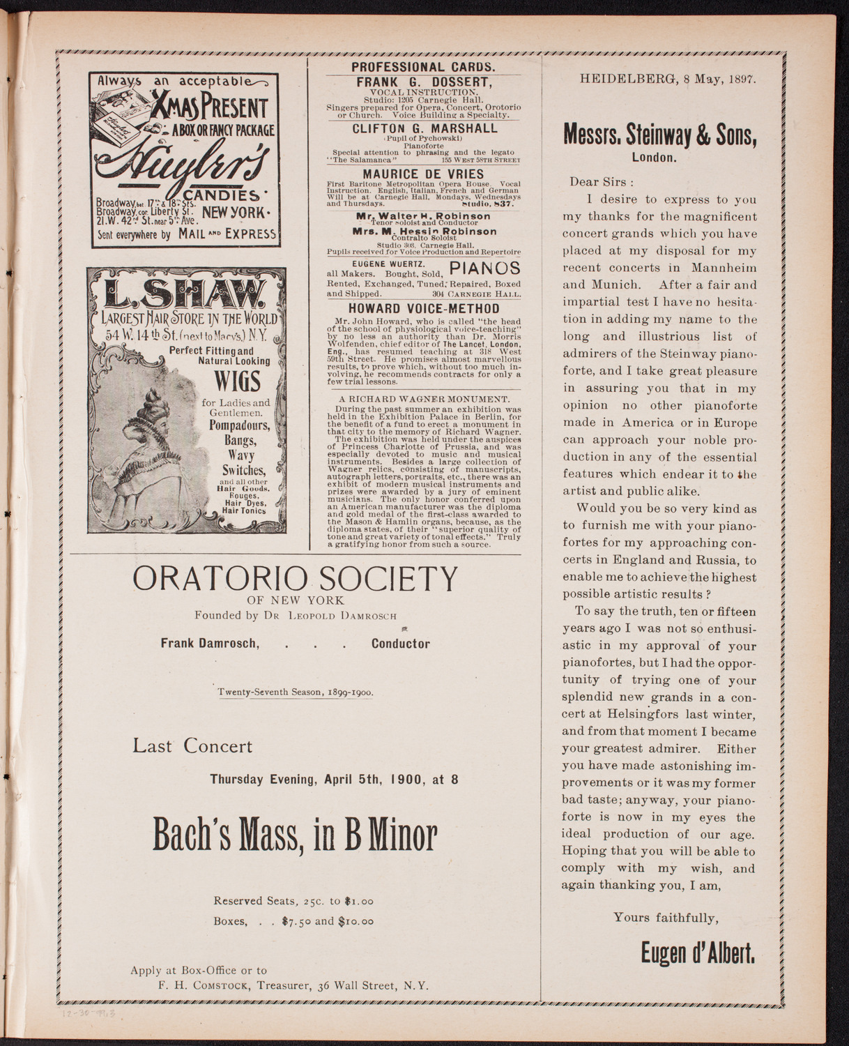 Oratorio Society of New York, December 30, 1899, program page 5