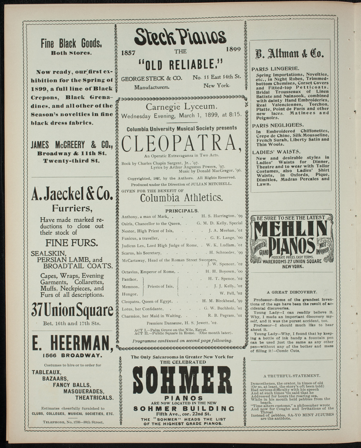 Columbia University Musical Society, March 1, 1899, program page 4