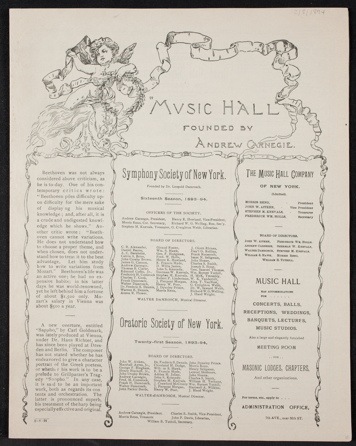 Boston Symphony Orchestra, February 8, 1894, program page 1