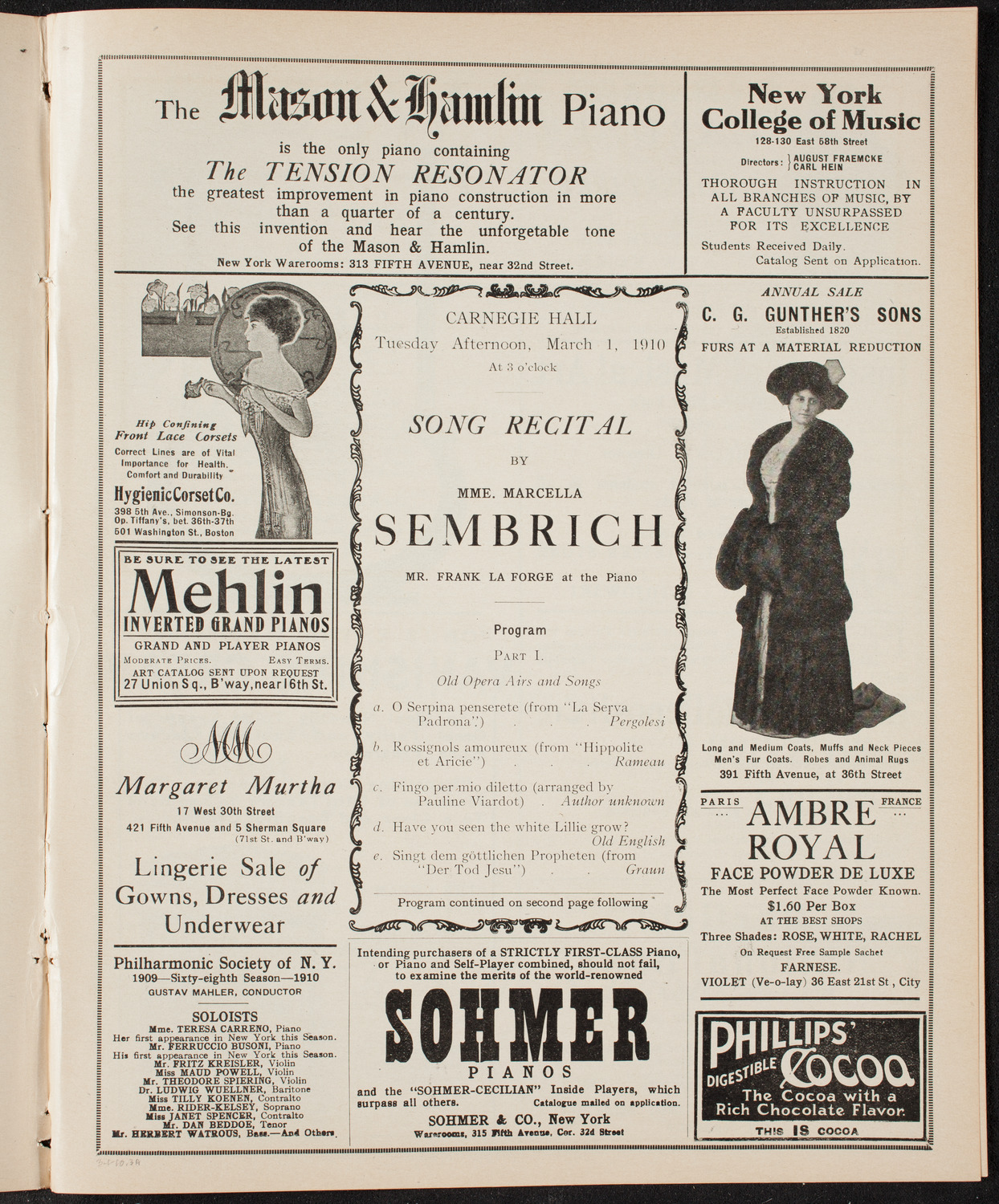 Marcella Sembrich, Soprano, March 1, 1910, program page 5