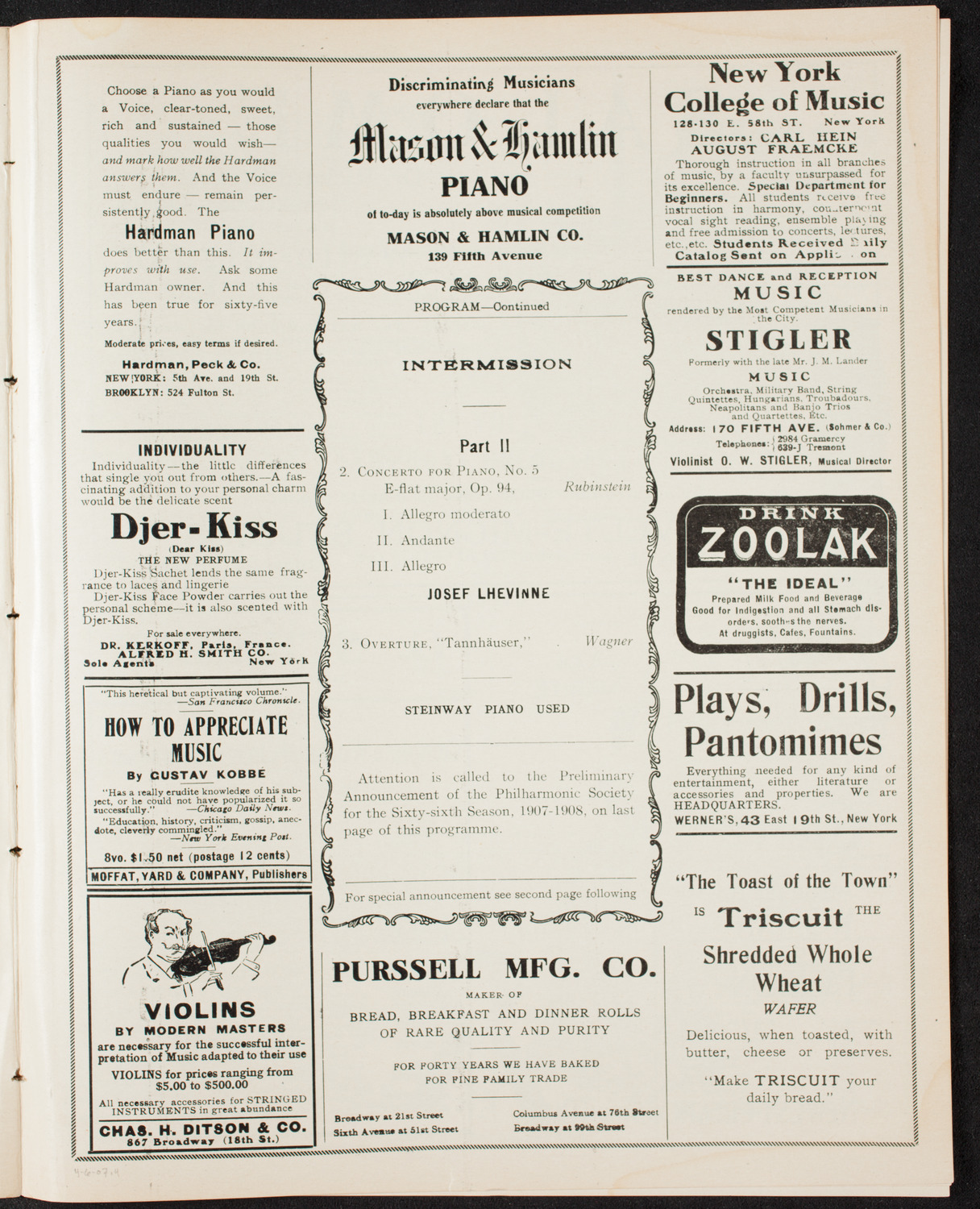 New York Philharmonic, April 6, 1907, program page 7