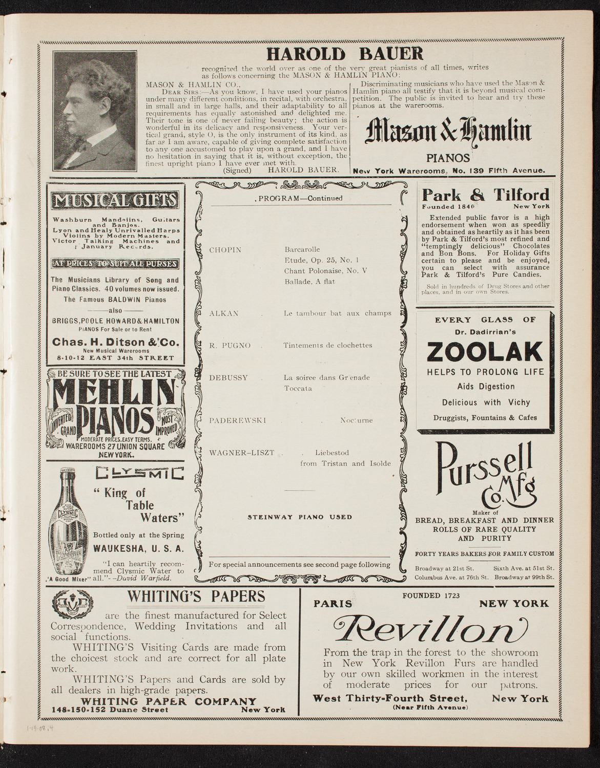 Ernest Schelling, Piano, January 14, 1908, program page 7