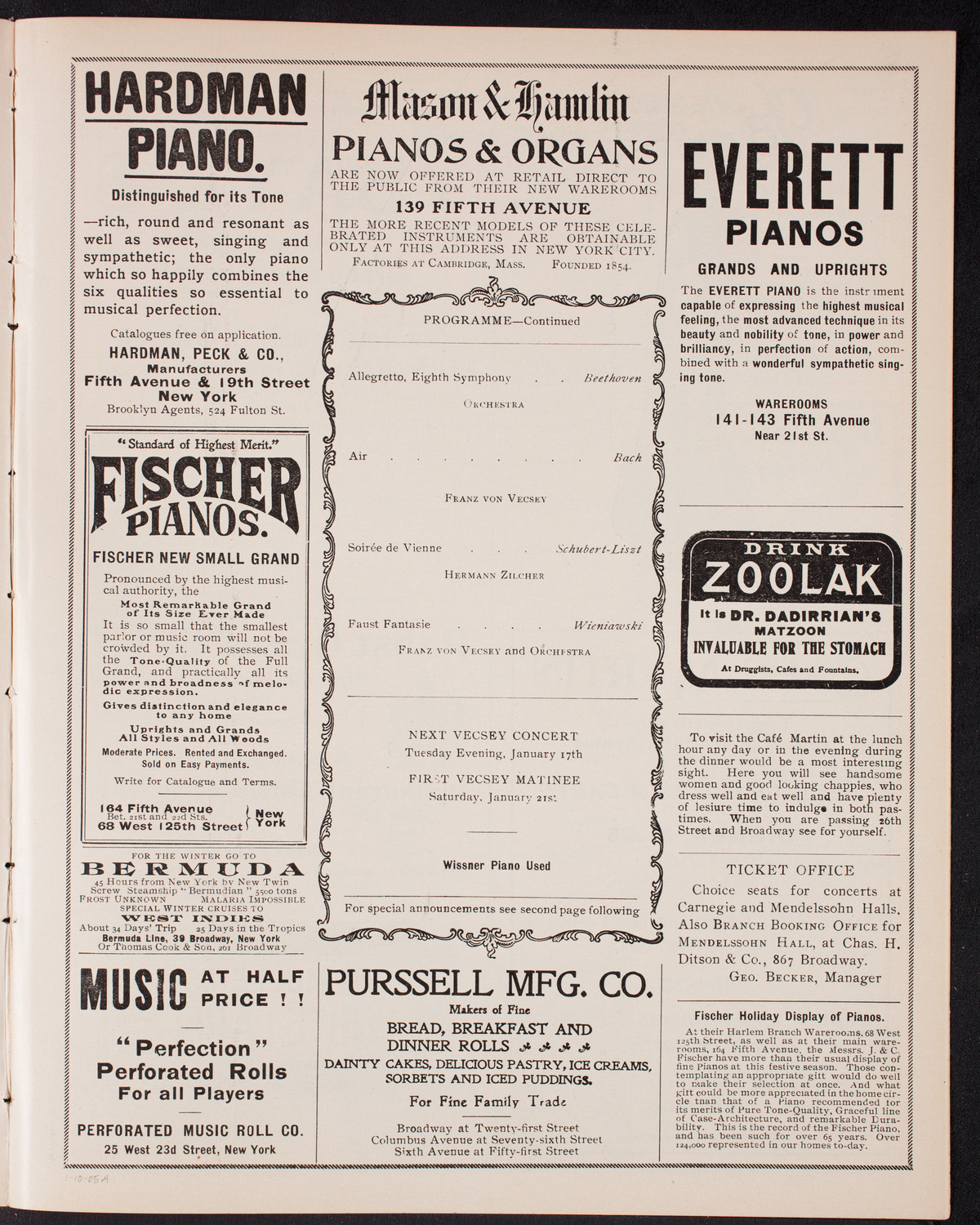 Franz von Vecsey, Violin, January 10, 1905, program page 7