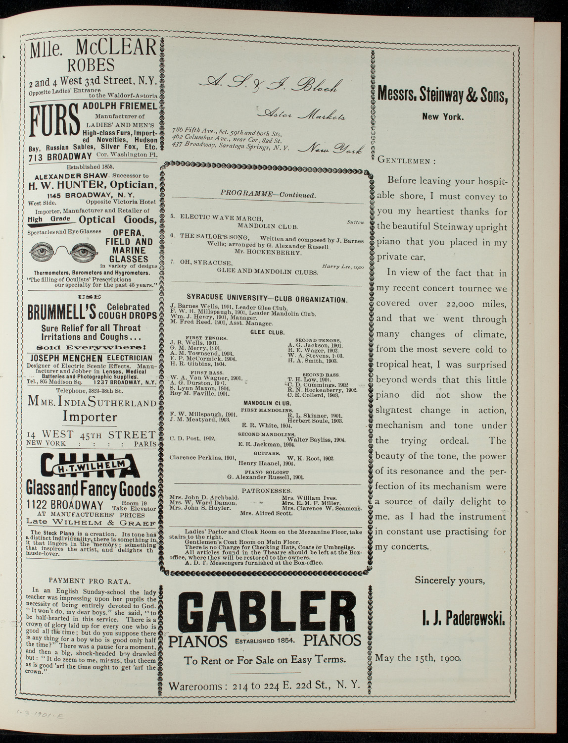 Concert by the Syracuse University Glee and Instrumental Clubs, January 3, 1901, program page 3
