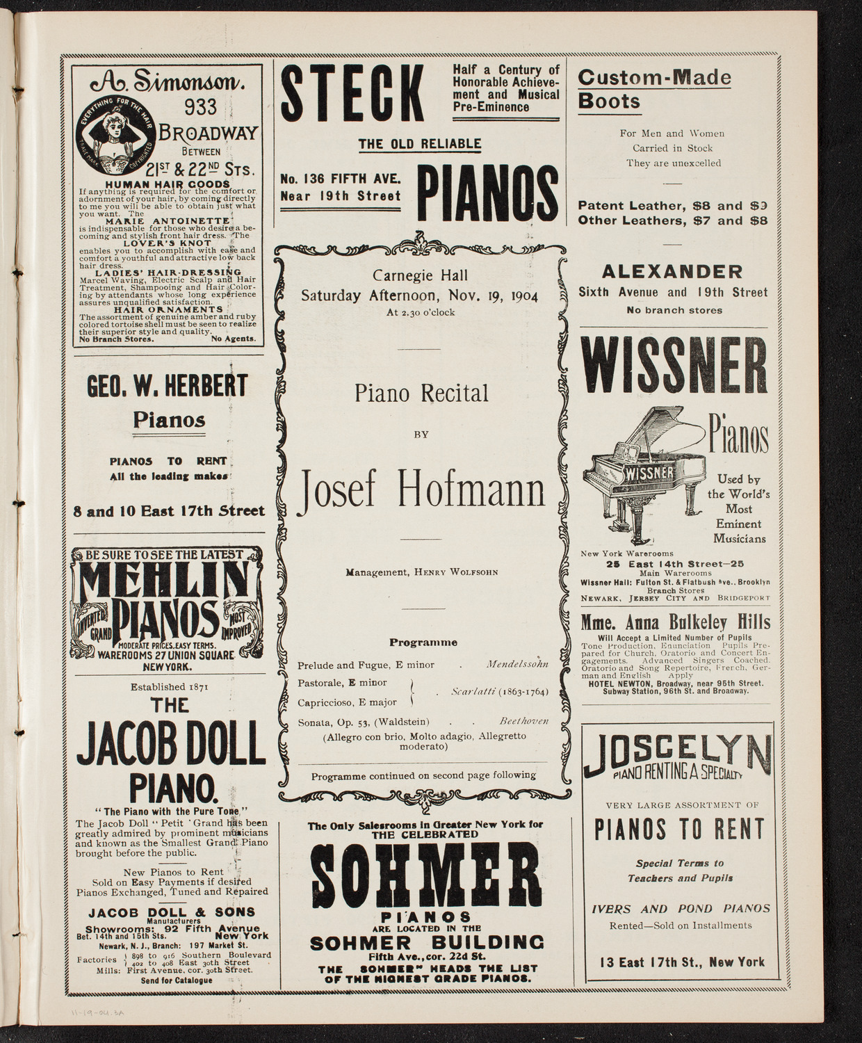 Josef Hofmann, Piano, November 19, 1904, program page 5