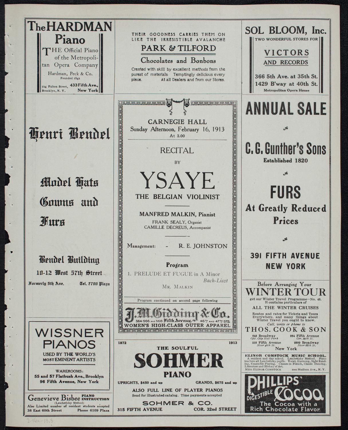 Eugène Ysaÿe, Violin, February 16, 1913, program page 5