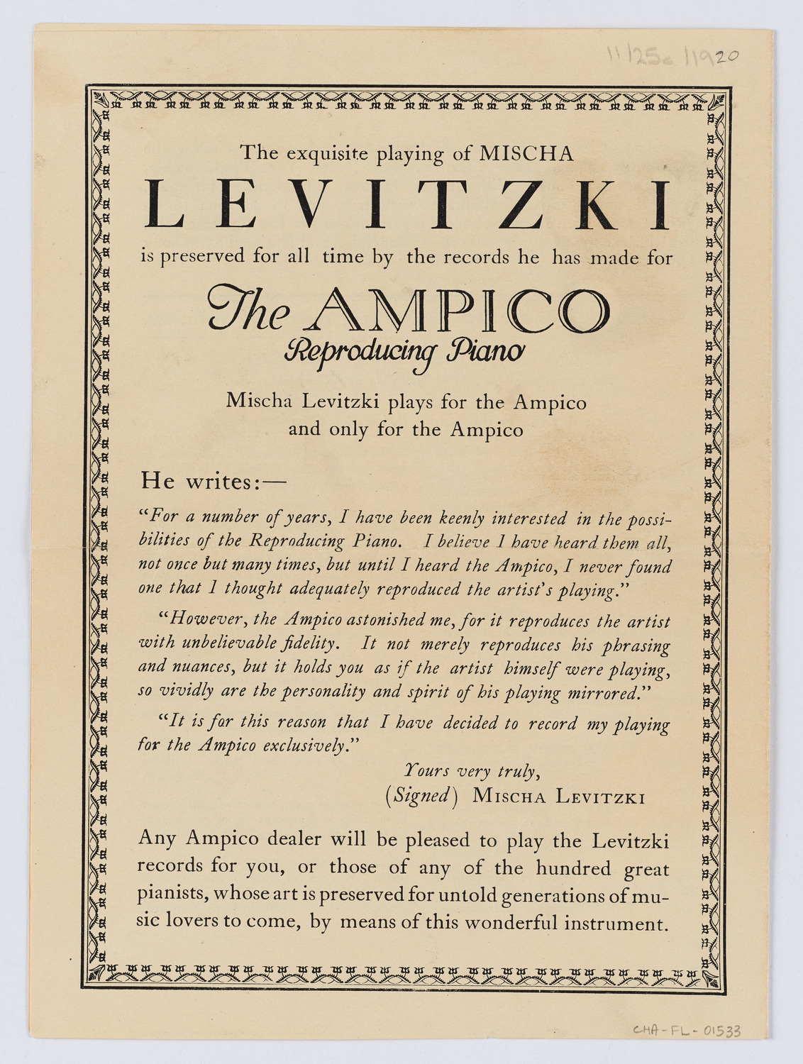 Cancelled Concert: Mischa Levitzki, November 25, 1920