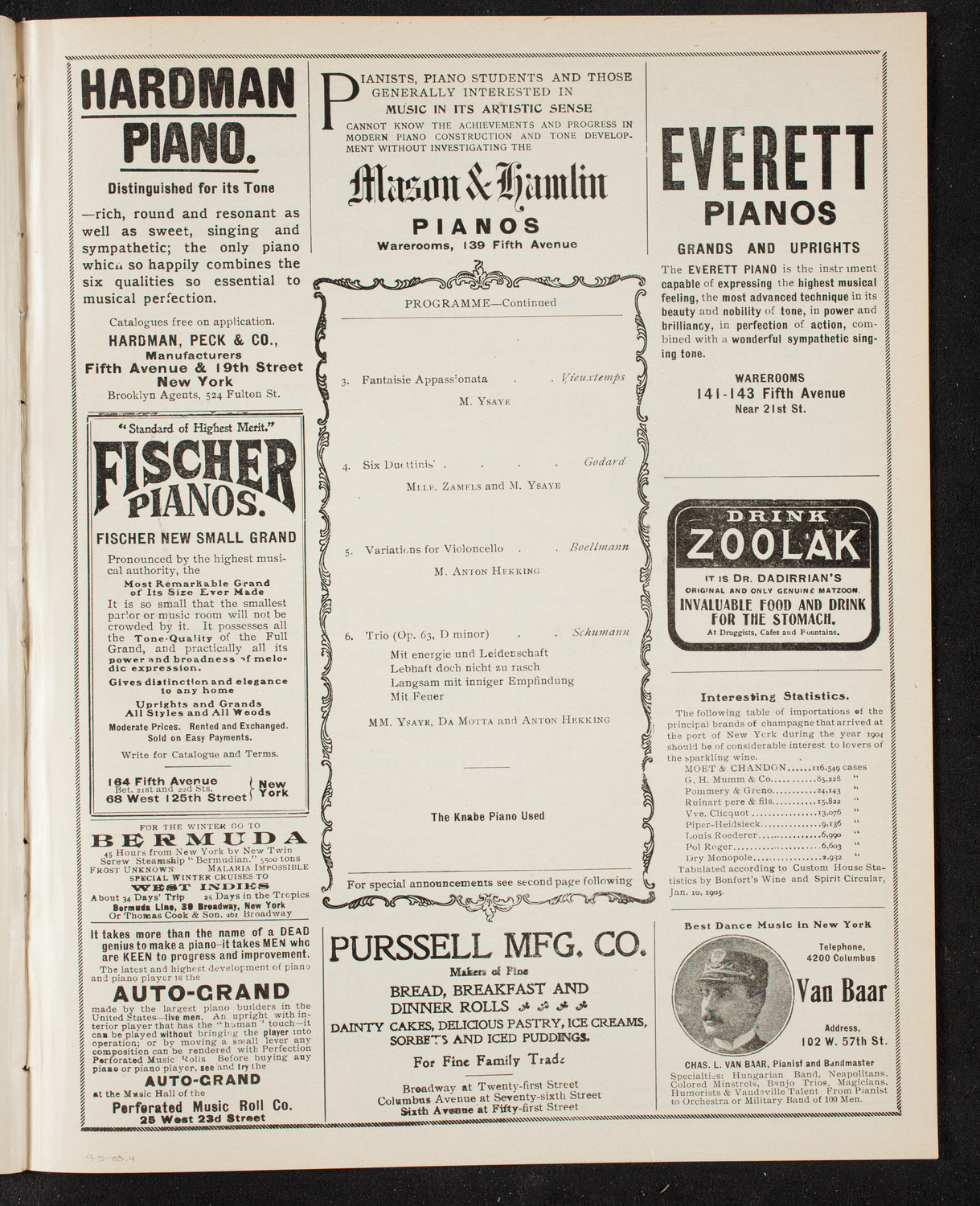 Eugène Ysaÿe, Violin, Anton Hekking, Cello, and Jose Vianna da Motta, Piano with Rosa Zamels, Violin, April 5, 1905, program page 7