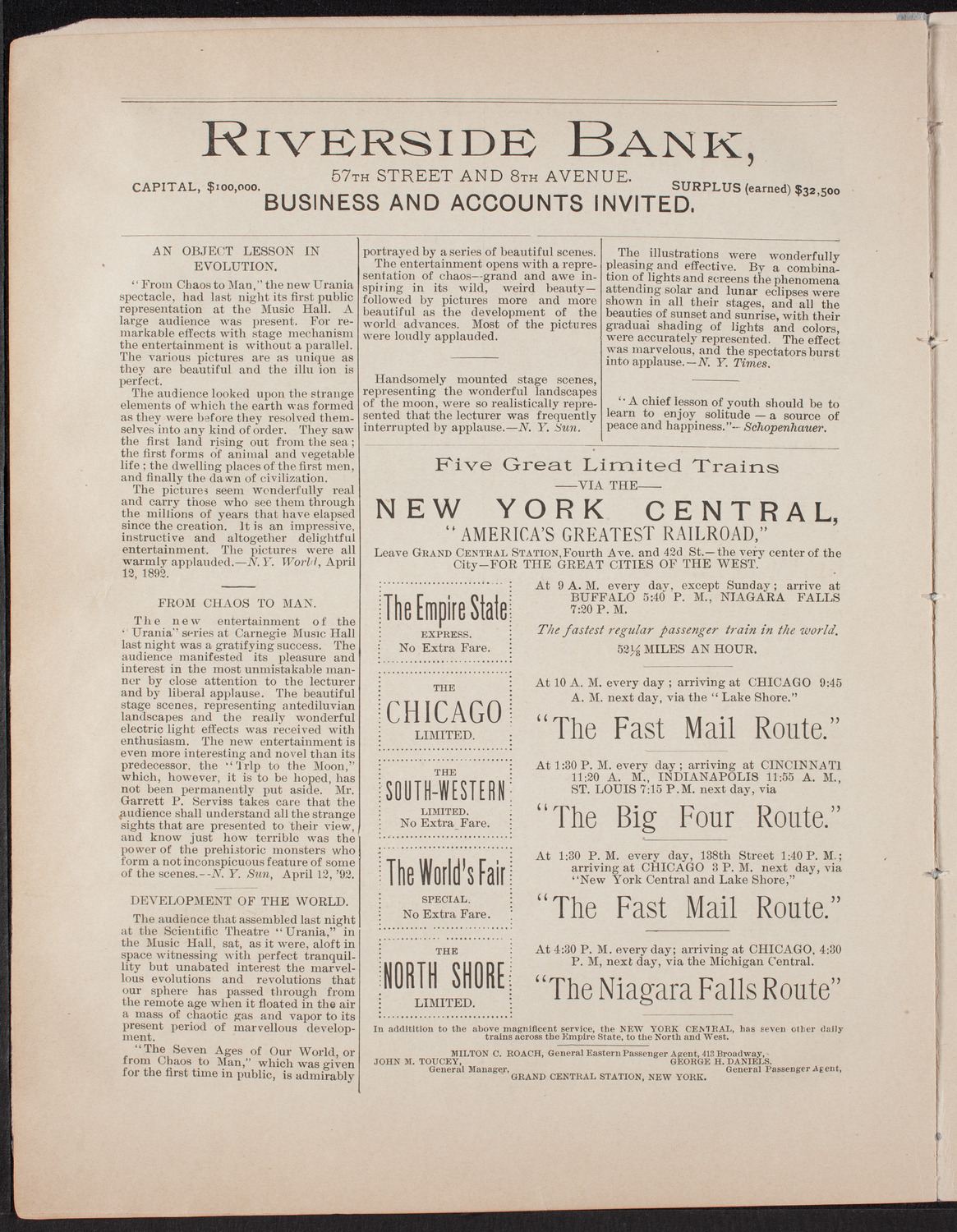 Urania Scientific Theatre, April 20, 1892, program page 8