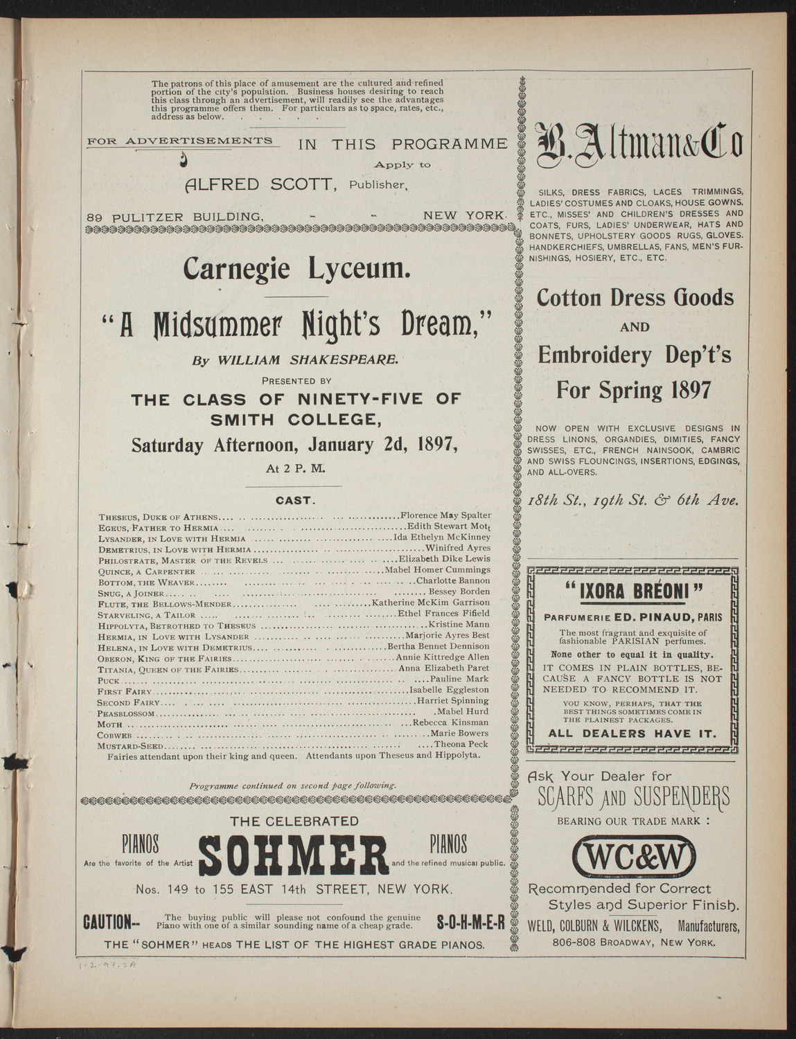 Smith College Class of 1895: "A Midsummer Night's Dream", January 2, 1897, program page 3