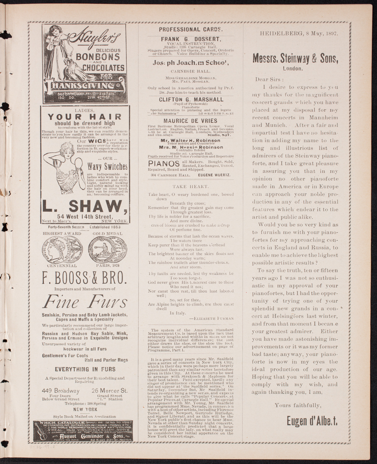 Kaltenborn Orchestra, November 26, 1899, program page 5