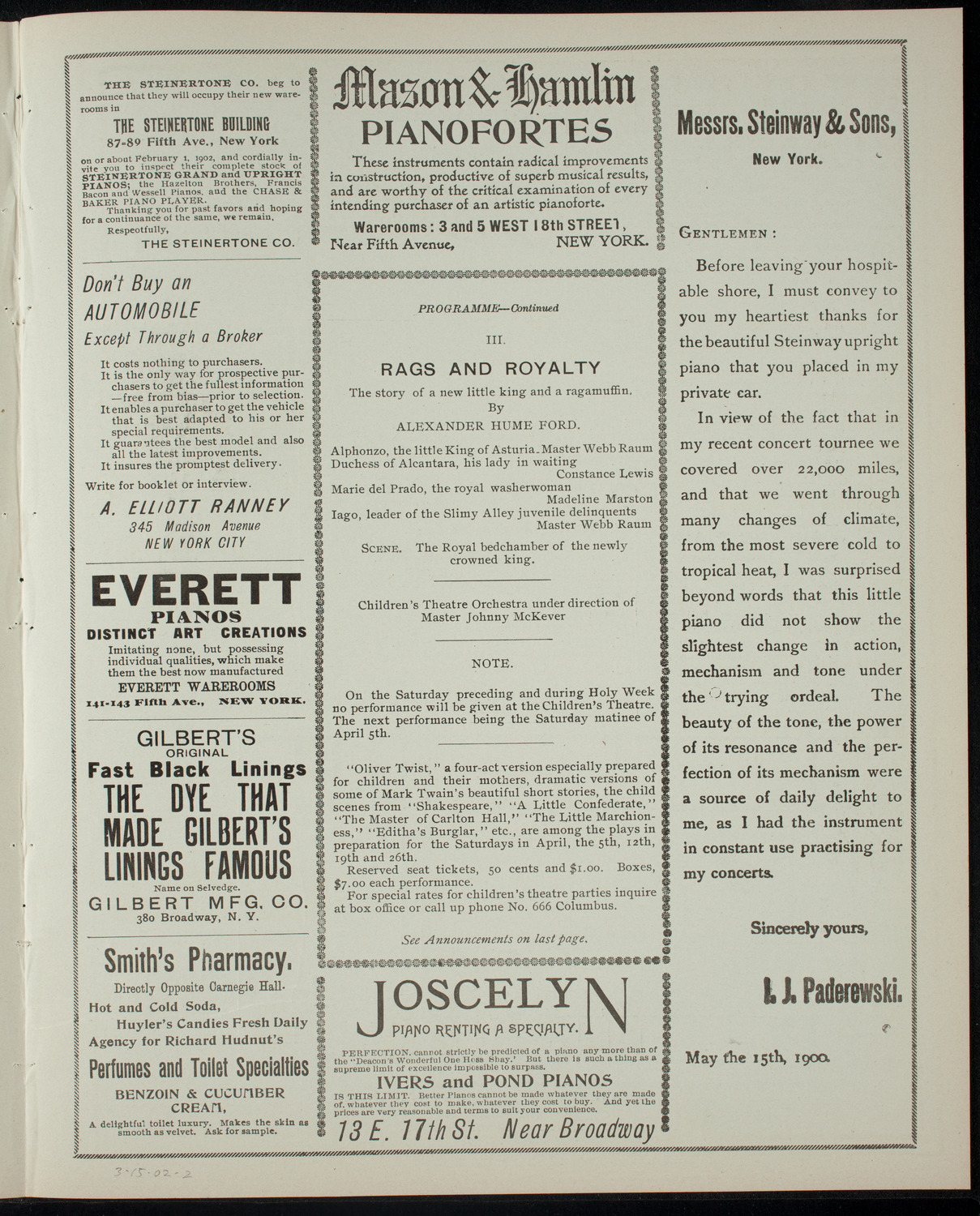The Children's Theatre, March 15, 1902, program page 3