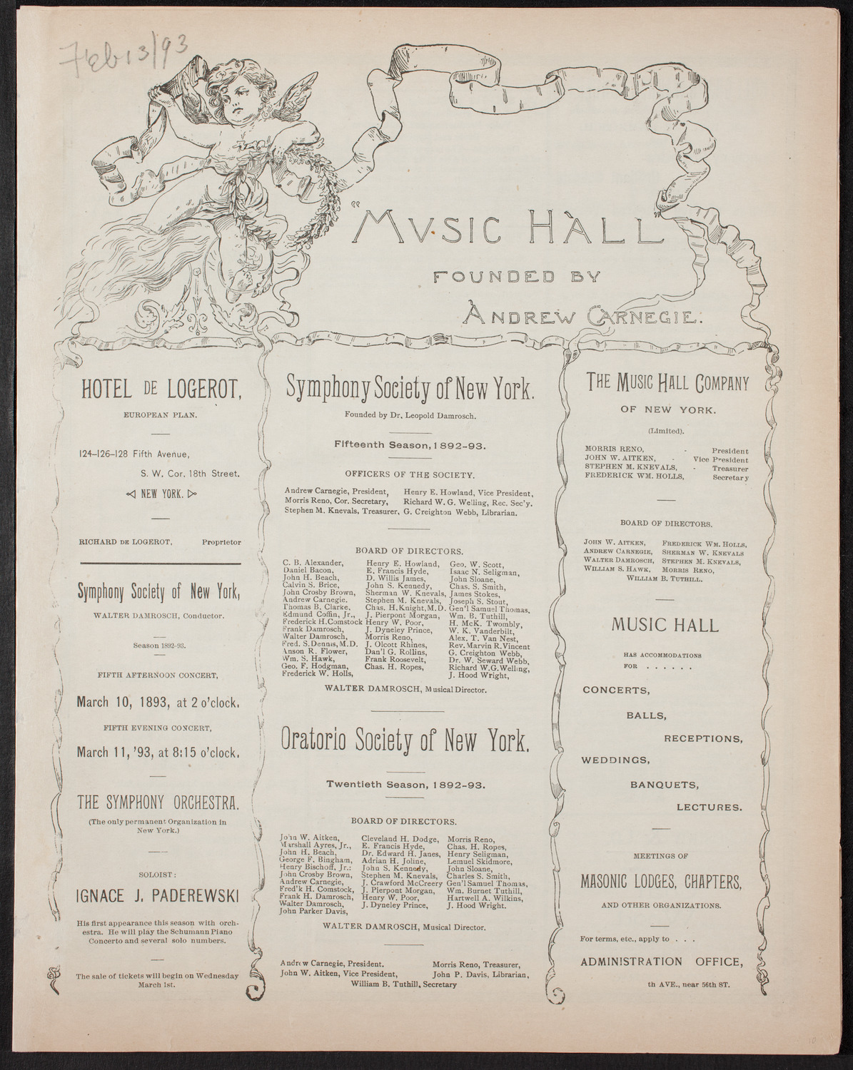 Benefit: World's Fair Colored Opera Company, February 13, 1893, program page 1