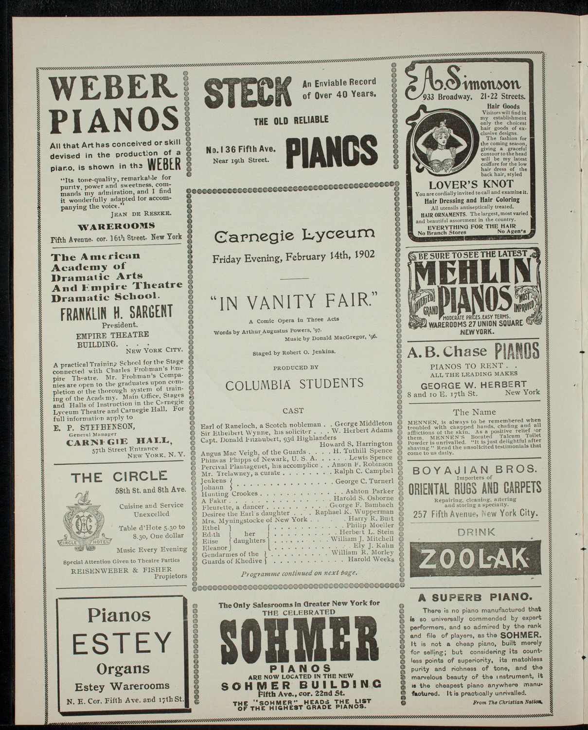 Columbia University Varsity Show, February 14, 1902, program page 2