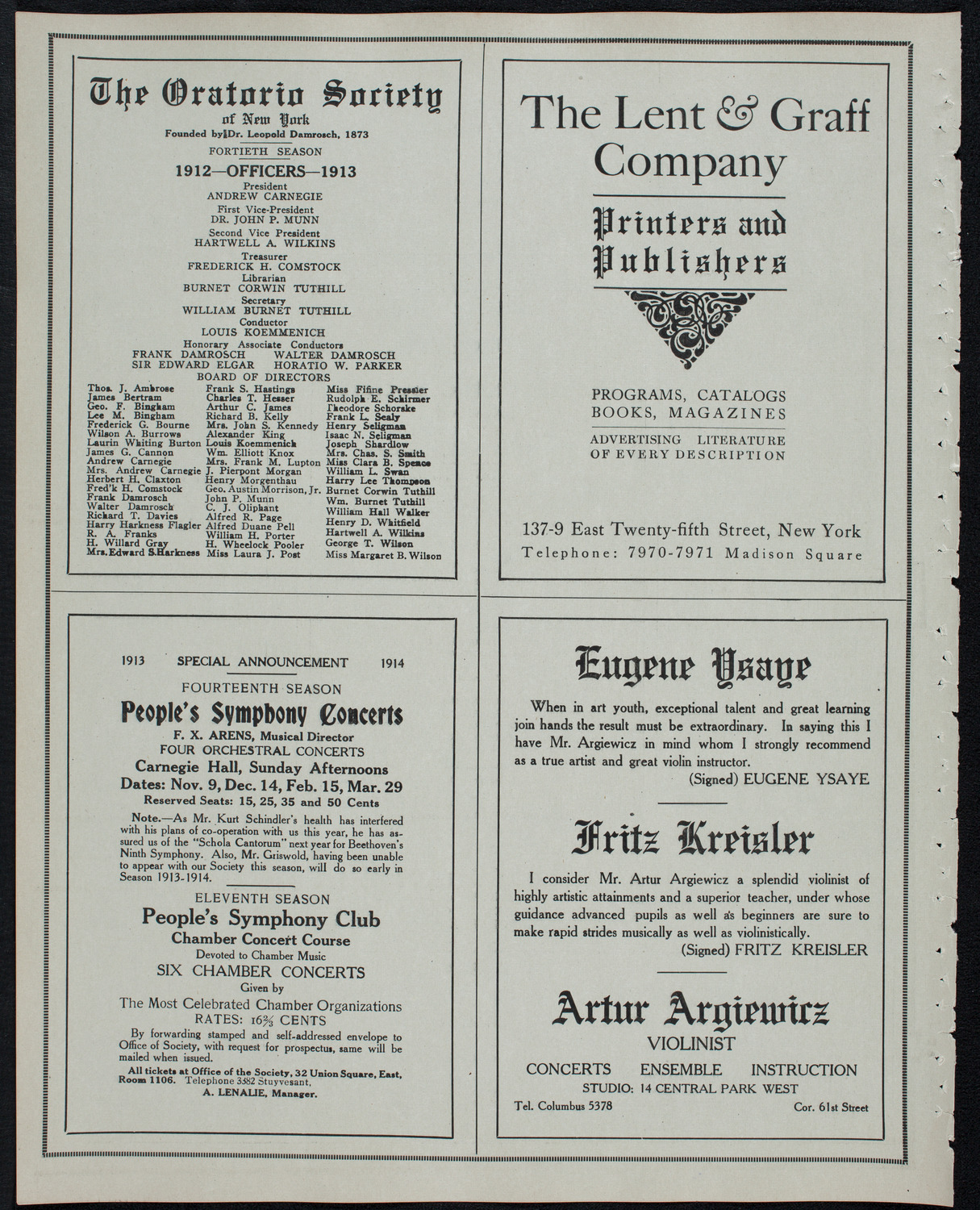 Efrem Zimbalist, Violin, April 27, 1913, program page 10