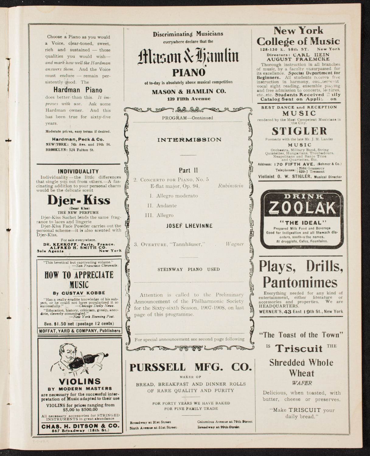New York Philharmonic, April 5, 1907, program page 7