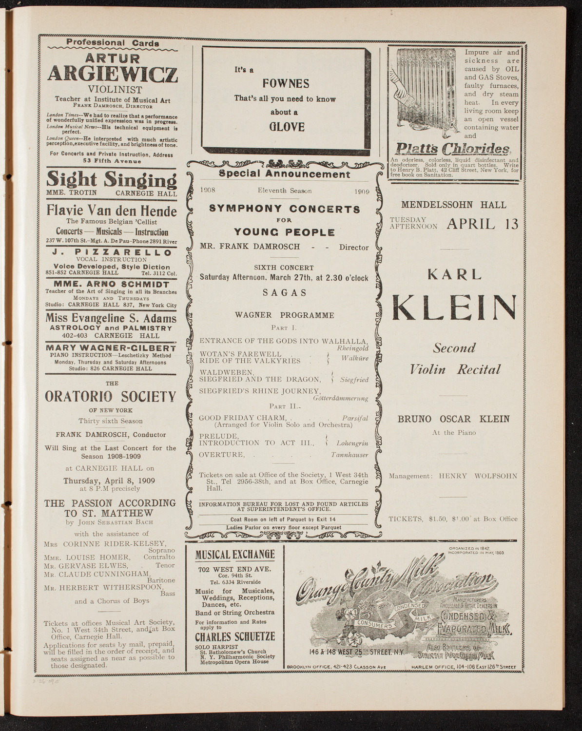 New York Philharmonic, March 26, 1909, program page 9