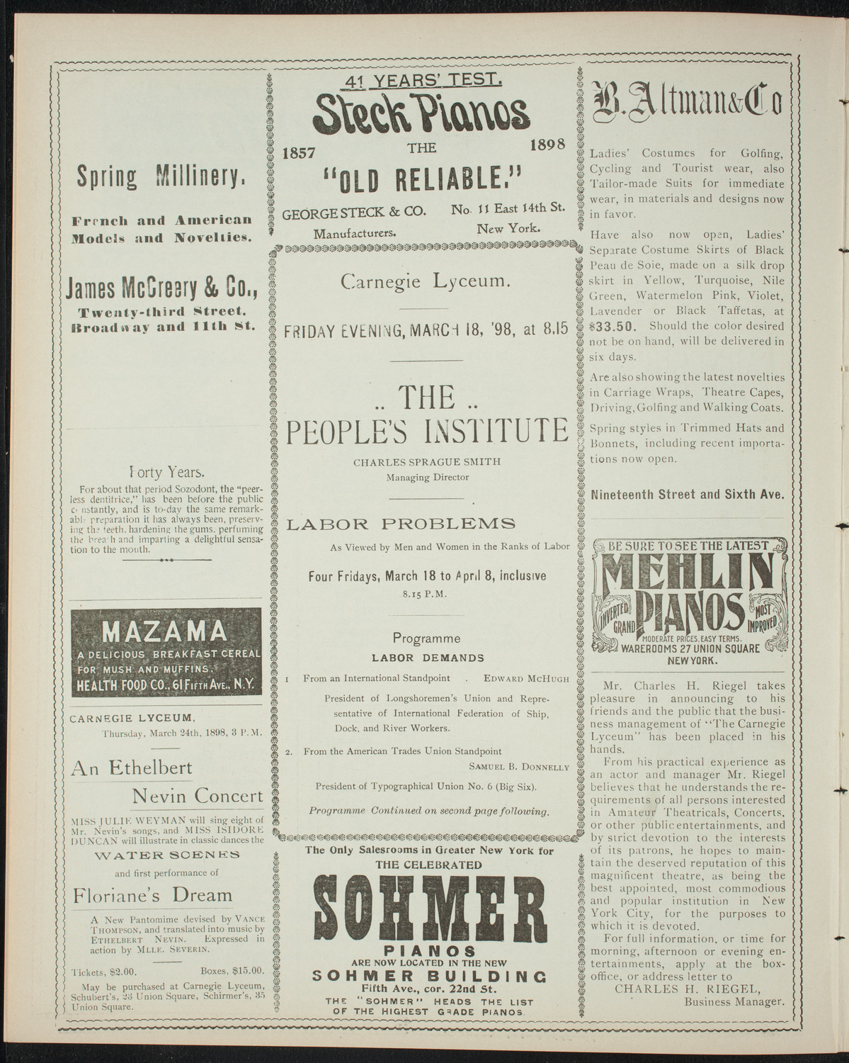 The People's Institute/ Lecture: Labor Problems, March 18, 1898, program page 4
