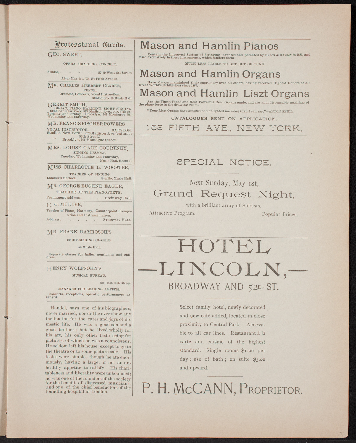 New York Symphony Orchestra: Handel Festival, April 29, 1892, program page 5
