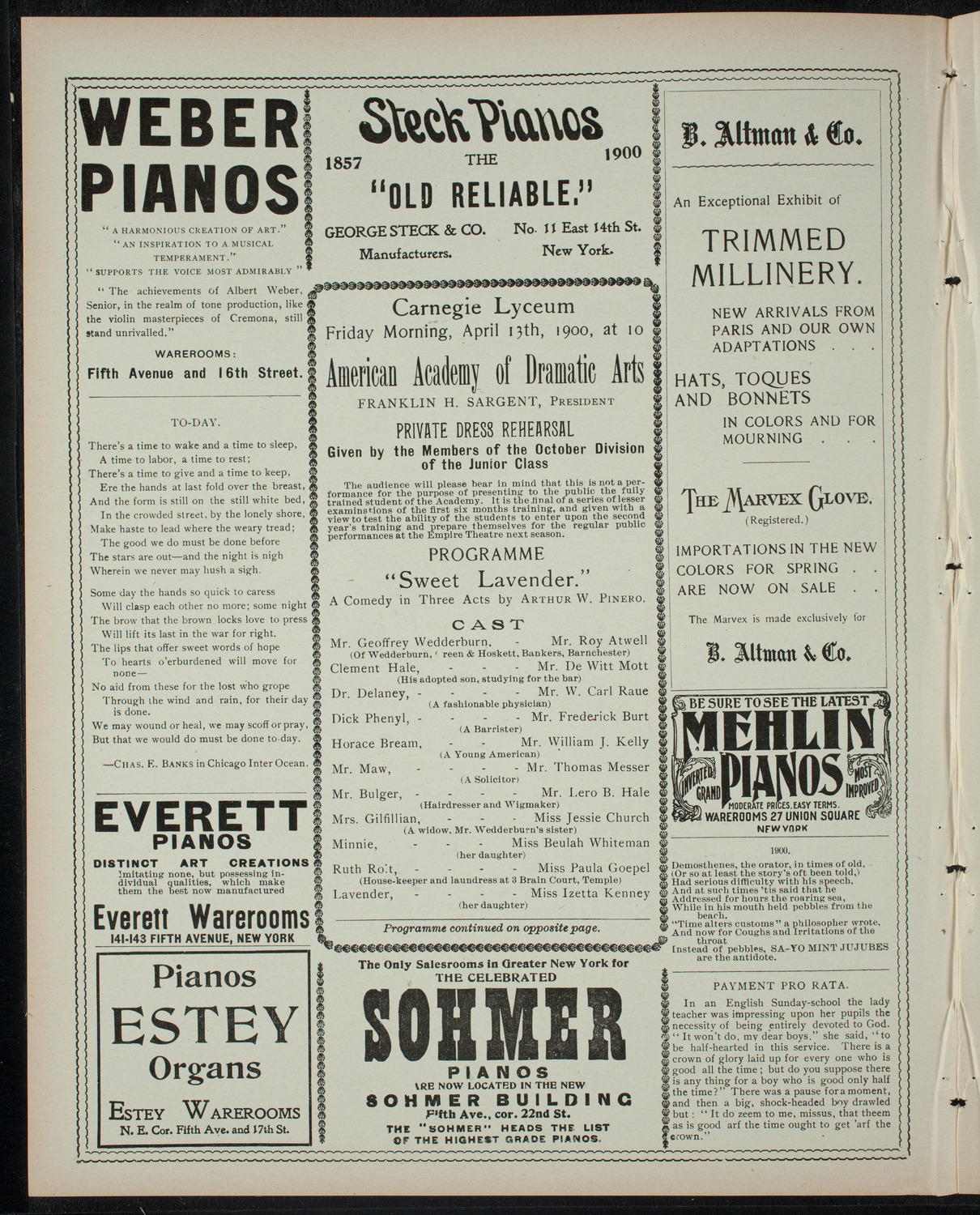 American Academy of Dramatic Arts Private Dress Rehearsal, April 13, 1900, program page 2