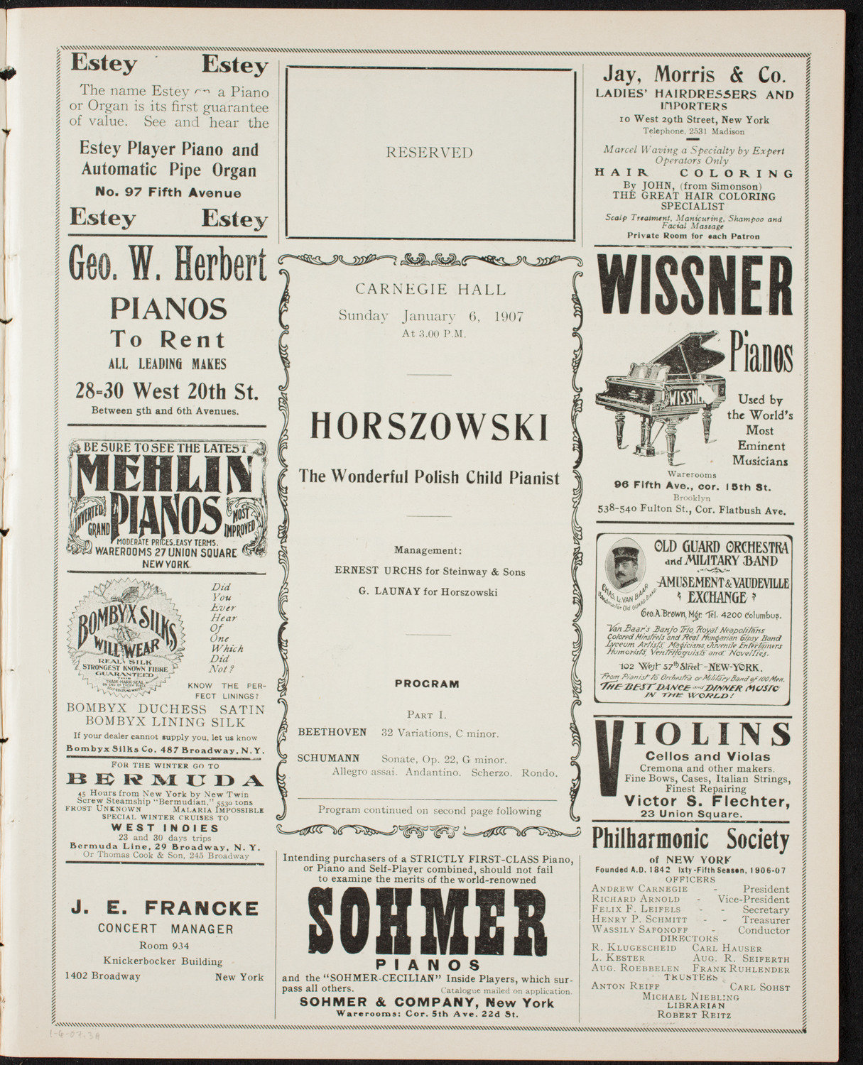 Mieczyslaw Horszowski, Piano, January 6, 1907, program page 5