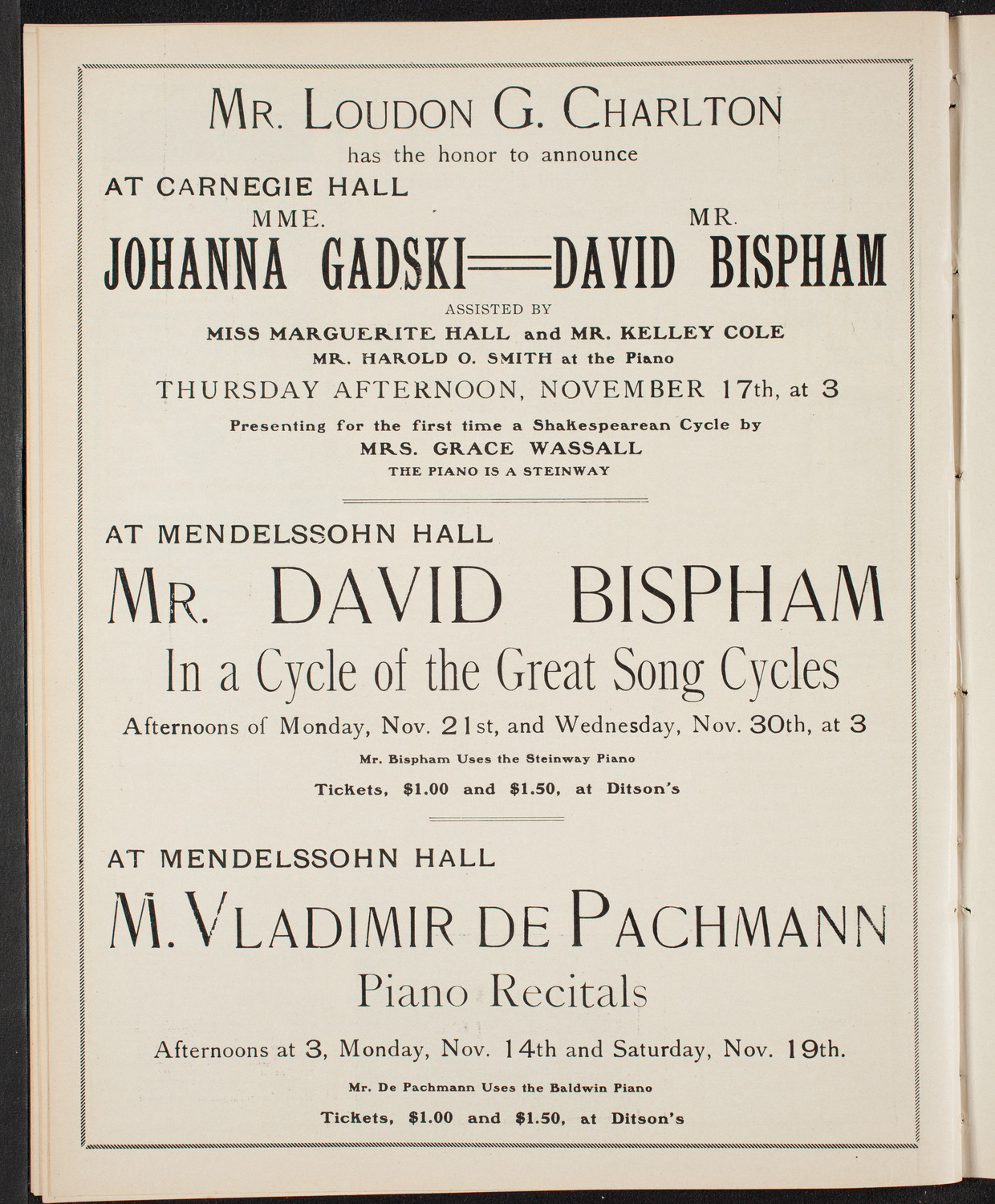 Johanna Gadski, Soprano, November 10, 1904, program page 10
