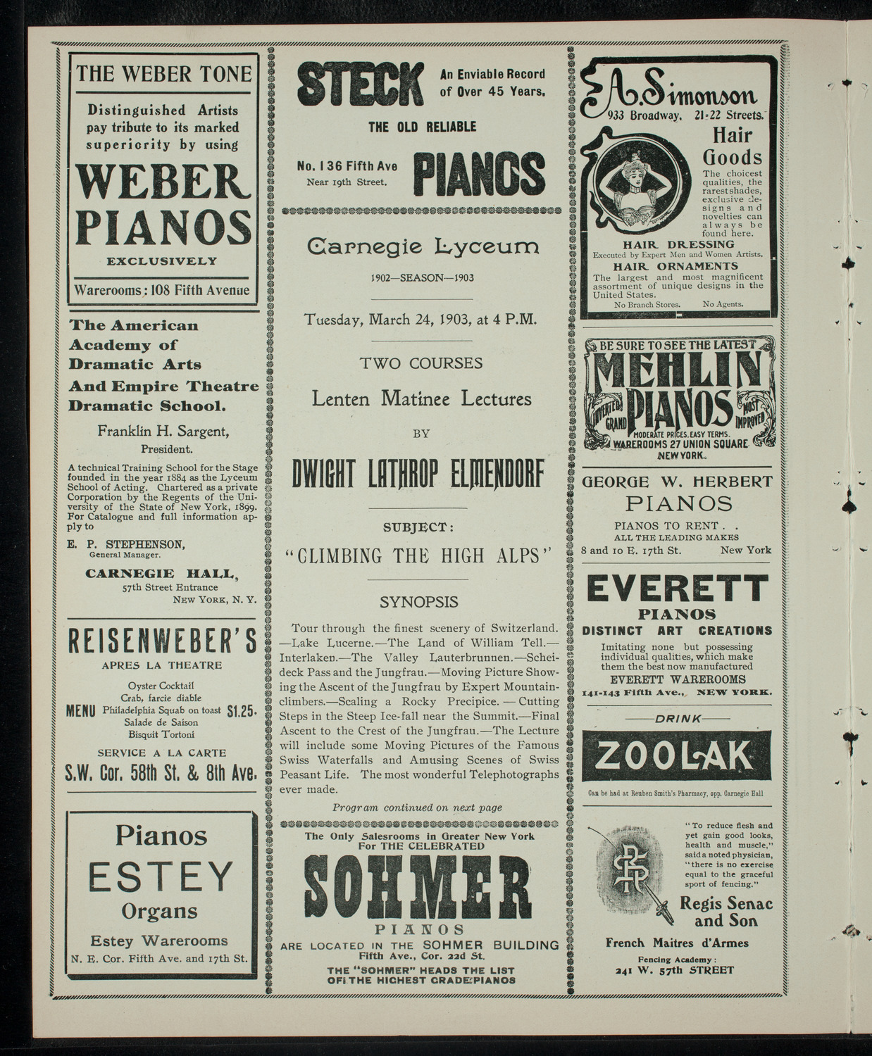 Elmendorf Lecture: Climbing the High Alps, March 24, 1903, program page 2