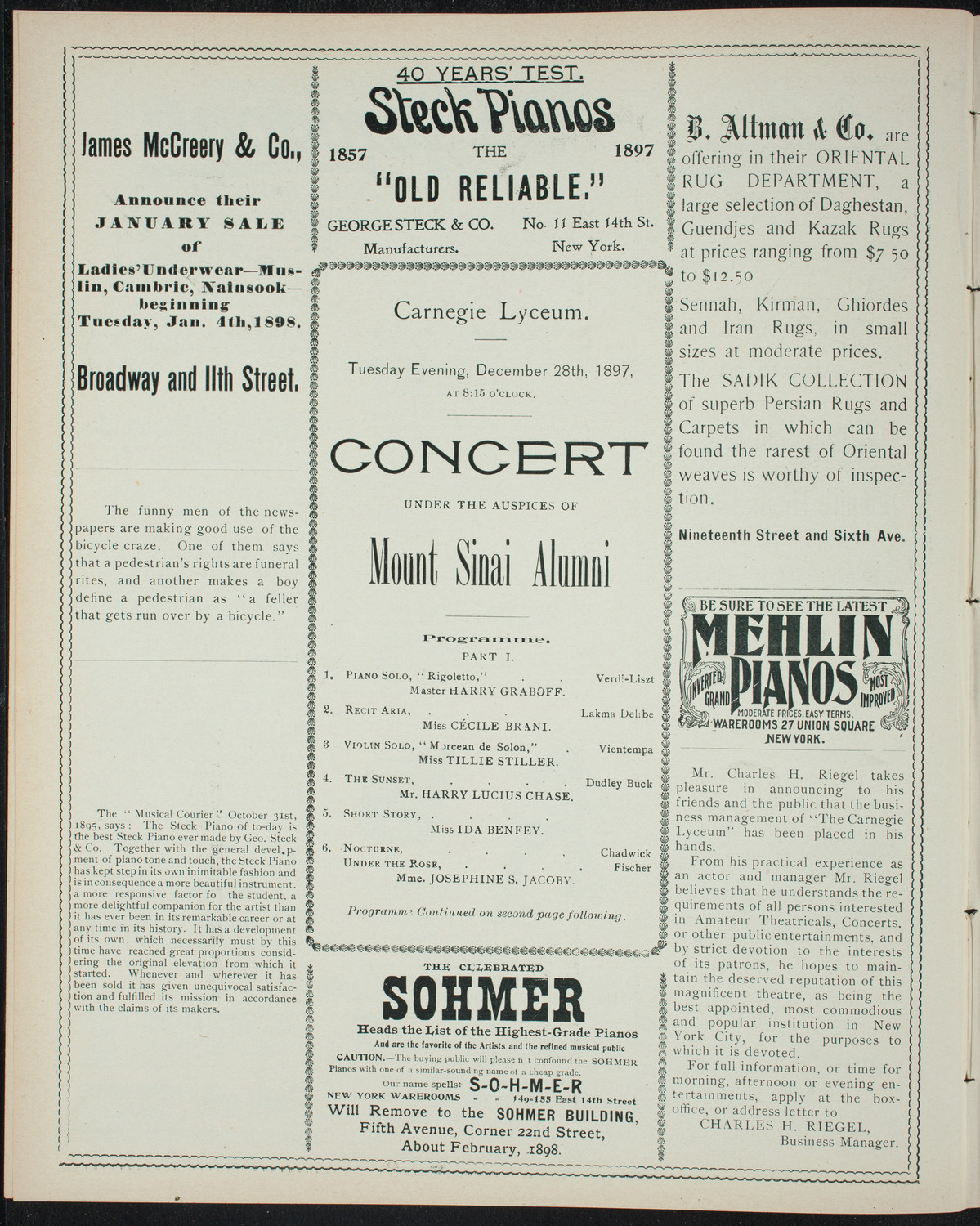 Mount Sinai Alumni Concert, December 28, 1897, program page 4