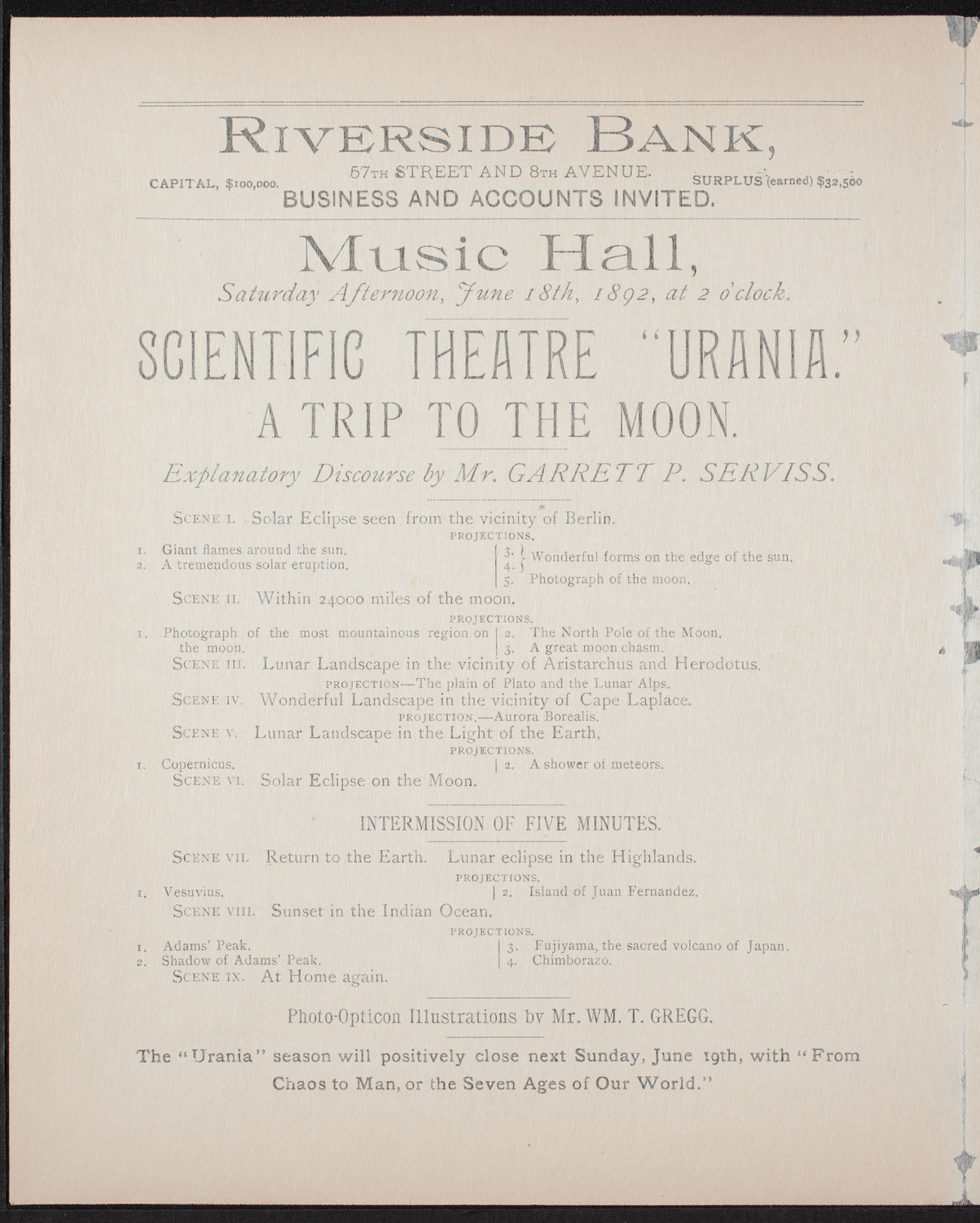 Urania Scientific Theatre, June 18, 1892, program page 2