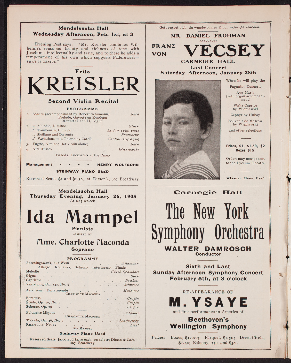 Eugène Ysaÿe and Eugen d'Albert with the New York Symphony Orchestra, January 24, 1905, program page 10