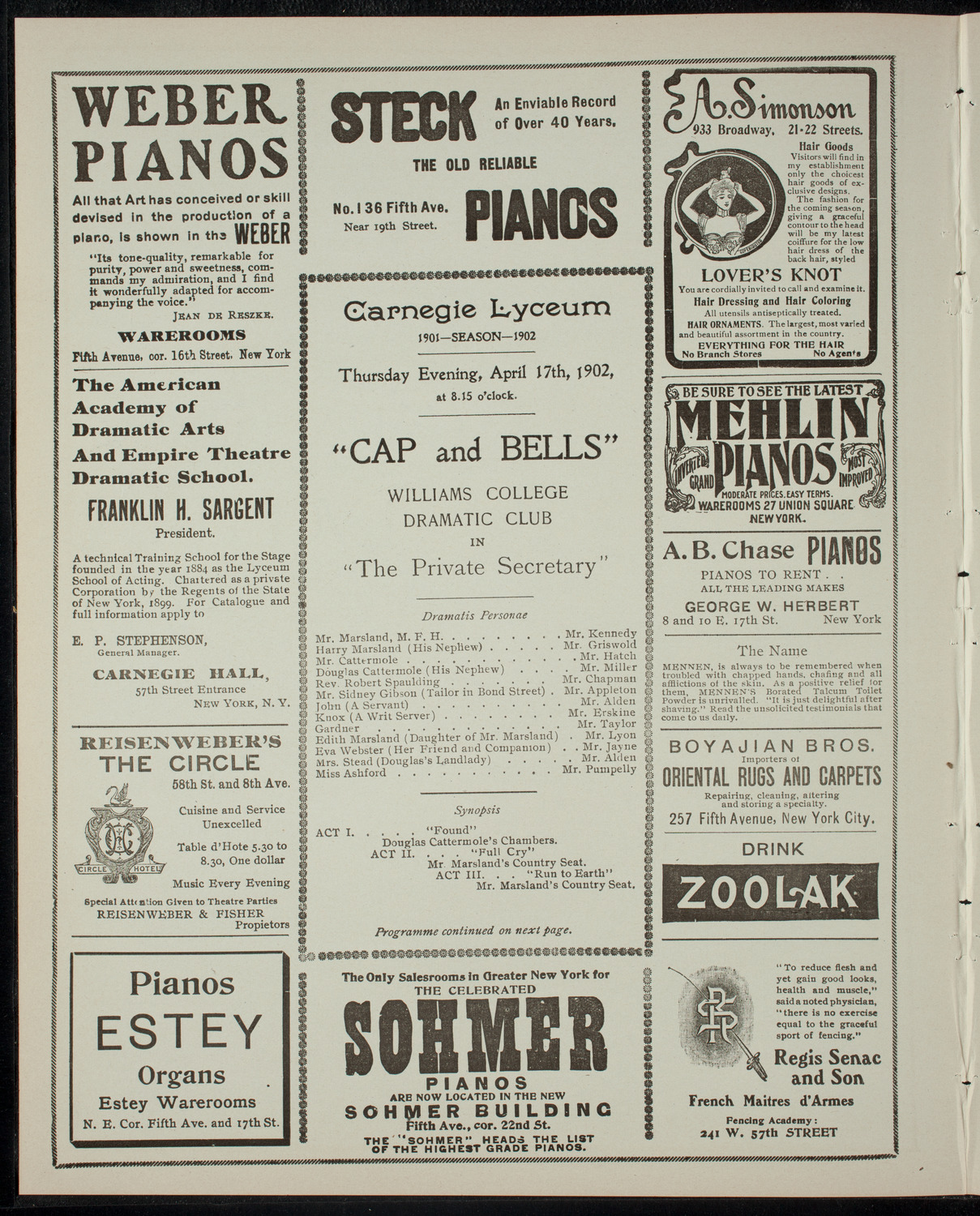 Williams College Dramatic Club "Cap and Bells", April 17, 1902, program page 2