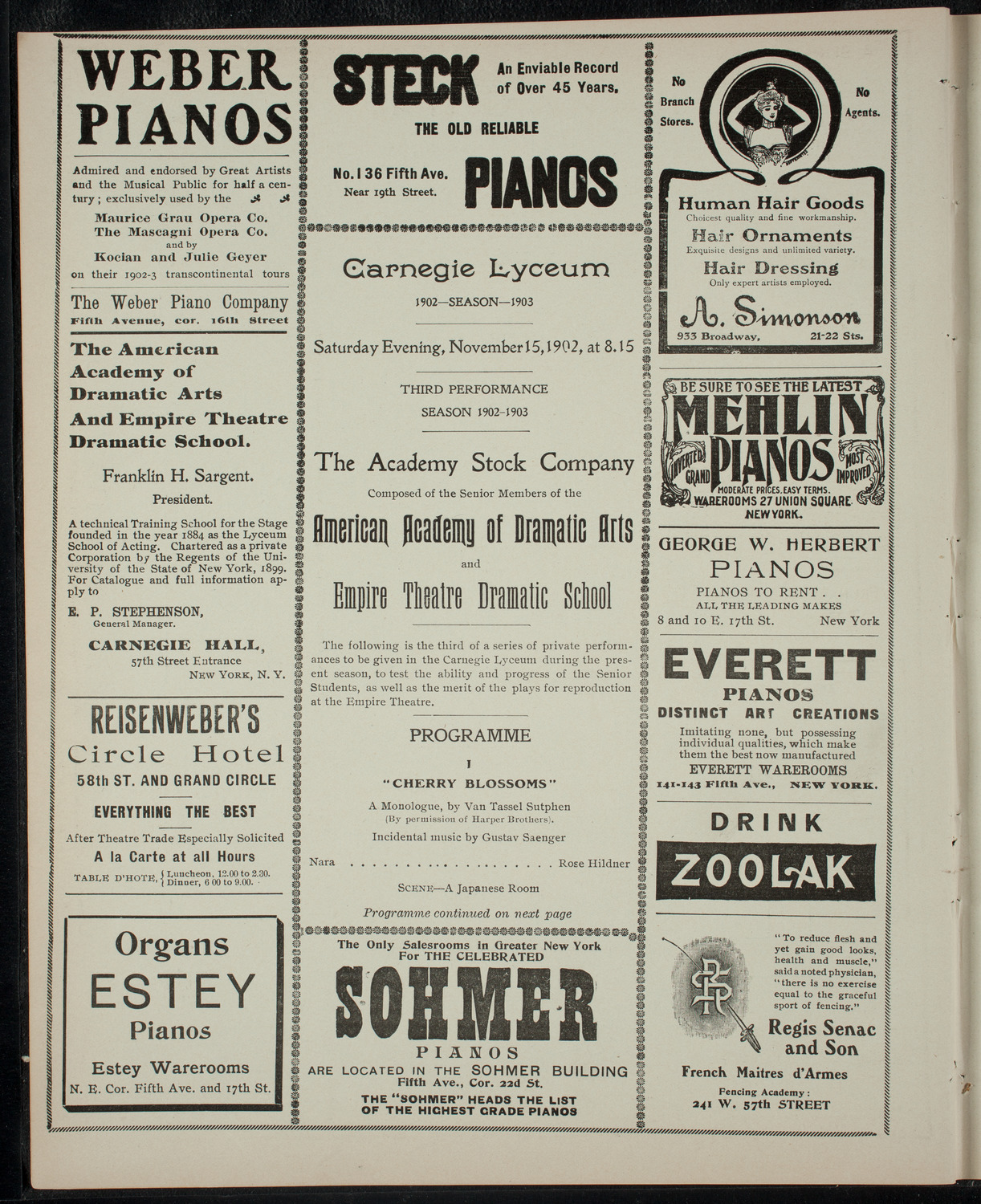 Academy Stock Company of the American Academy of Dramatic Arts/Empire Theatre Dramatic School, November 15, 1902, program page 2