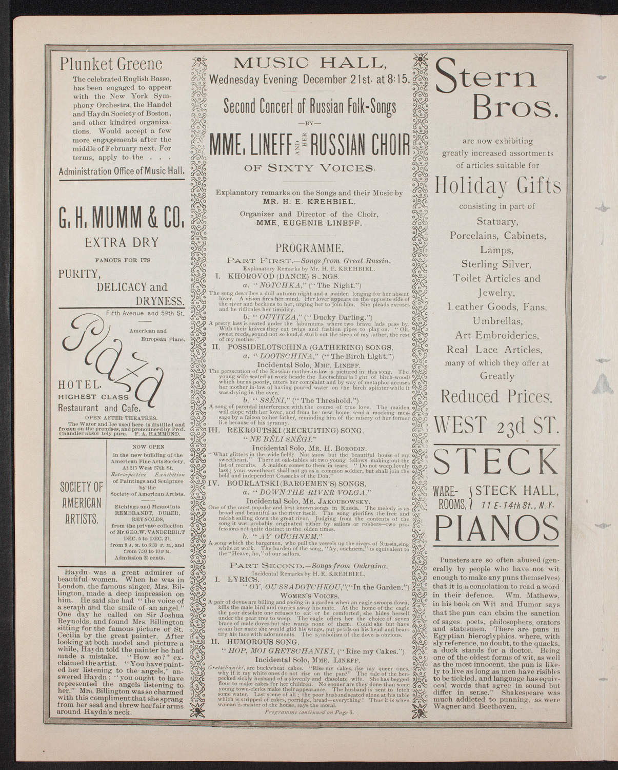 Madame Lineff's Russian Choir, December 21, 1892, program page 4