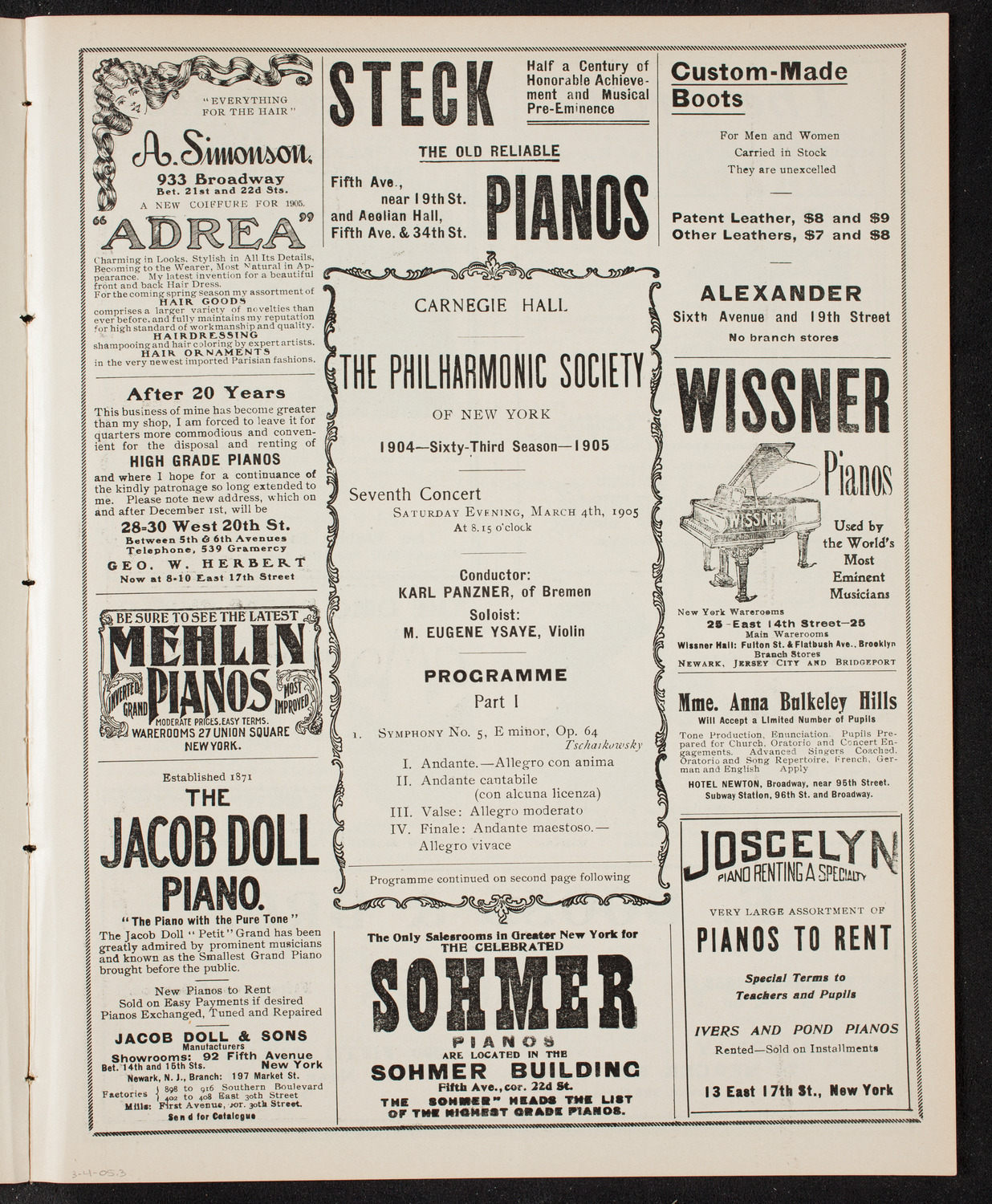 New York Philharmonic, March 4, 1905, program page 5