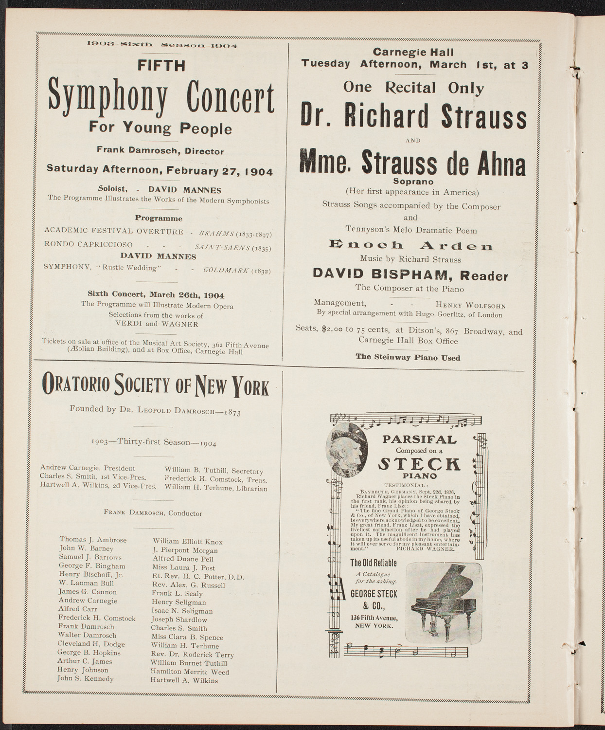 Marie Nichols, David Bispham, and Emma Howe with Wetzler Symphony Orchestra, February 21, 1904, program page 8