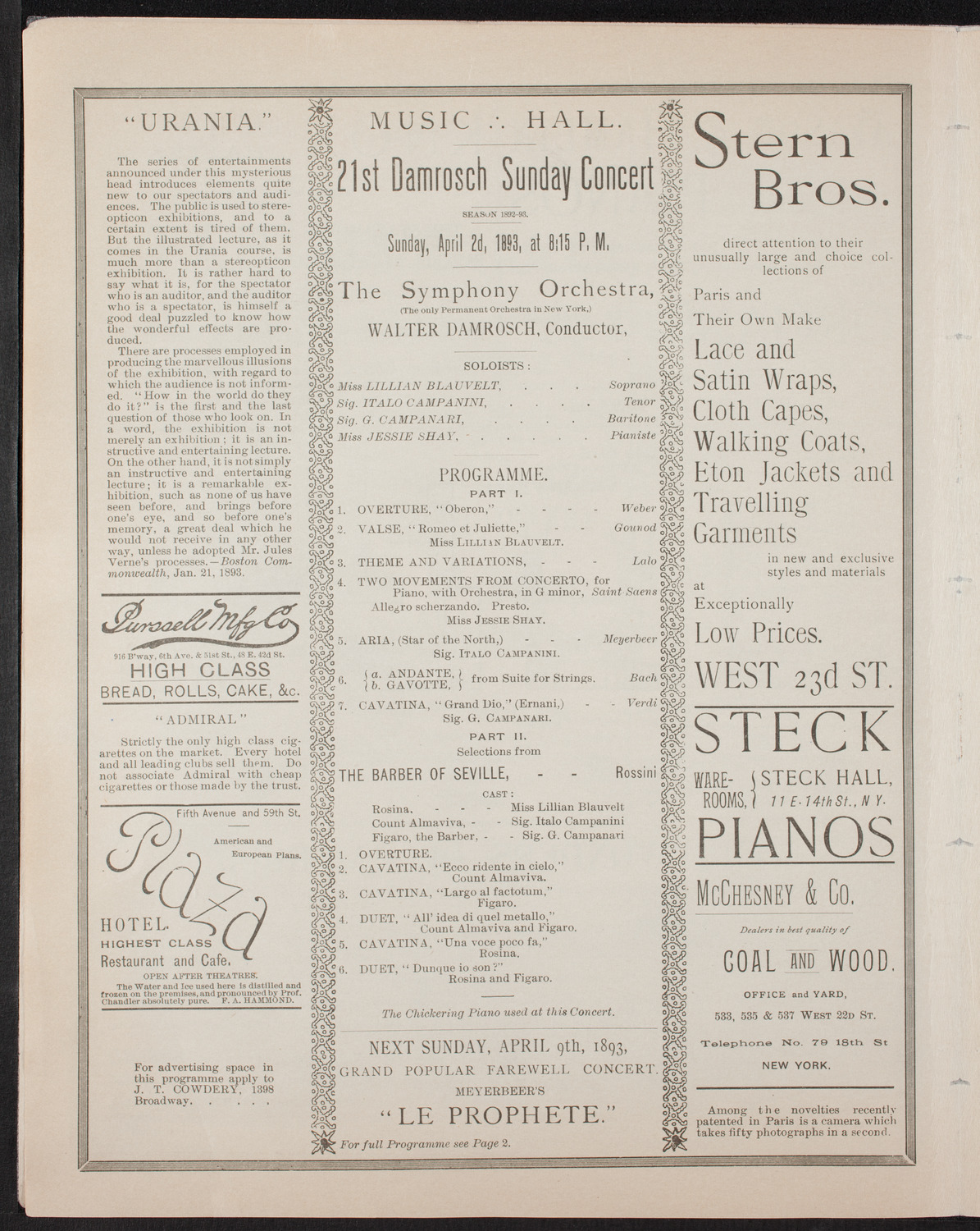 Damrosch Sunday Concert, April 2, 1893, program page 4