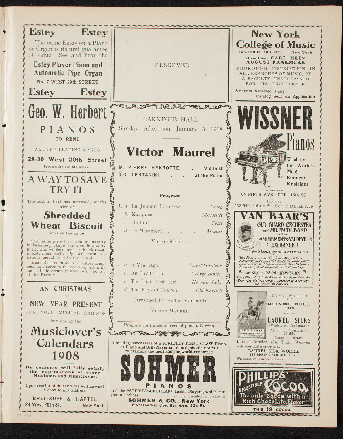 Victor Maurel, Baritone, January 5, 1908, program page 5