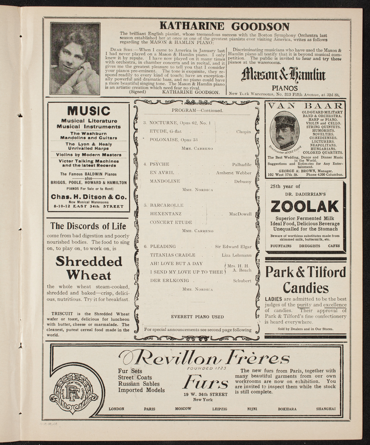 Lillian Nordica, Soprano, and Teresa Carreño, Piano, December 19, 1909, program page 7