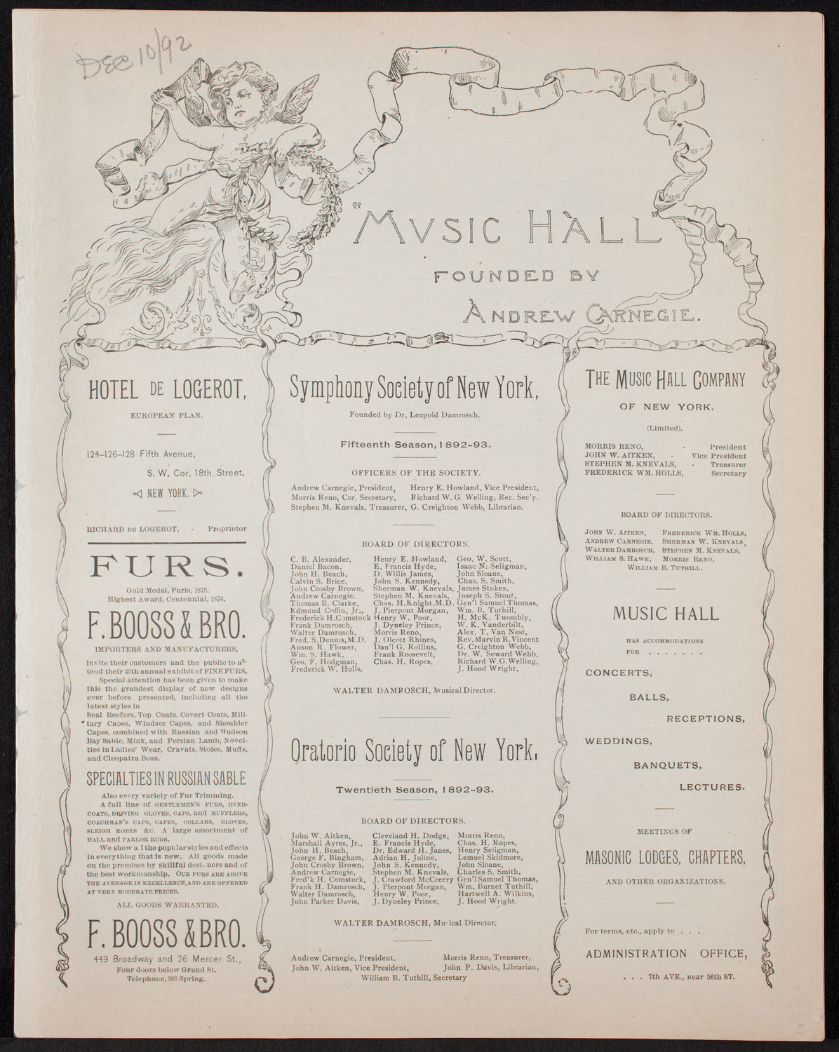 Madame Lineff's Russian Choir, December 10, 1892, program page 1