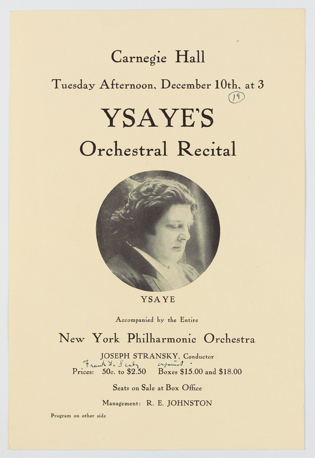 Eugène Ysaÿe with New York Philharmonic, December 10, 1912
