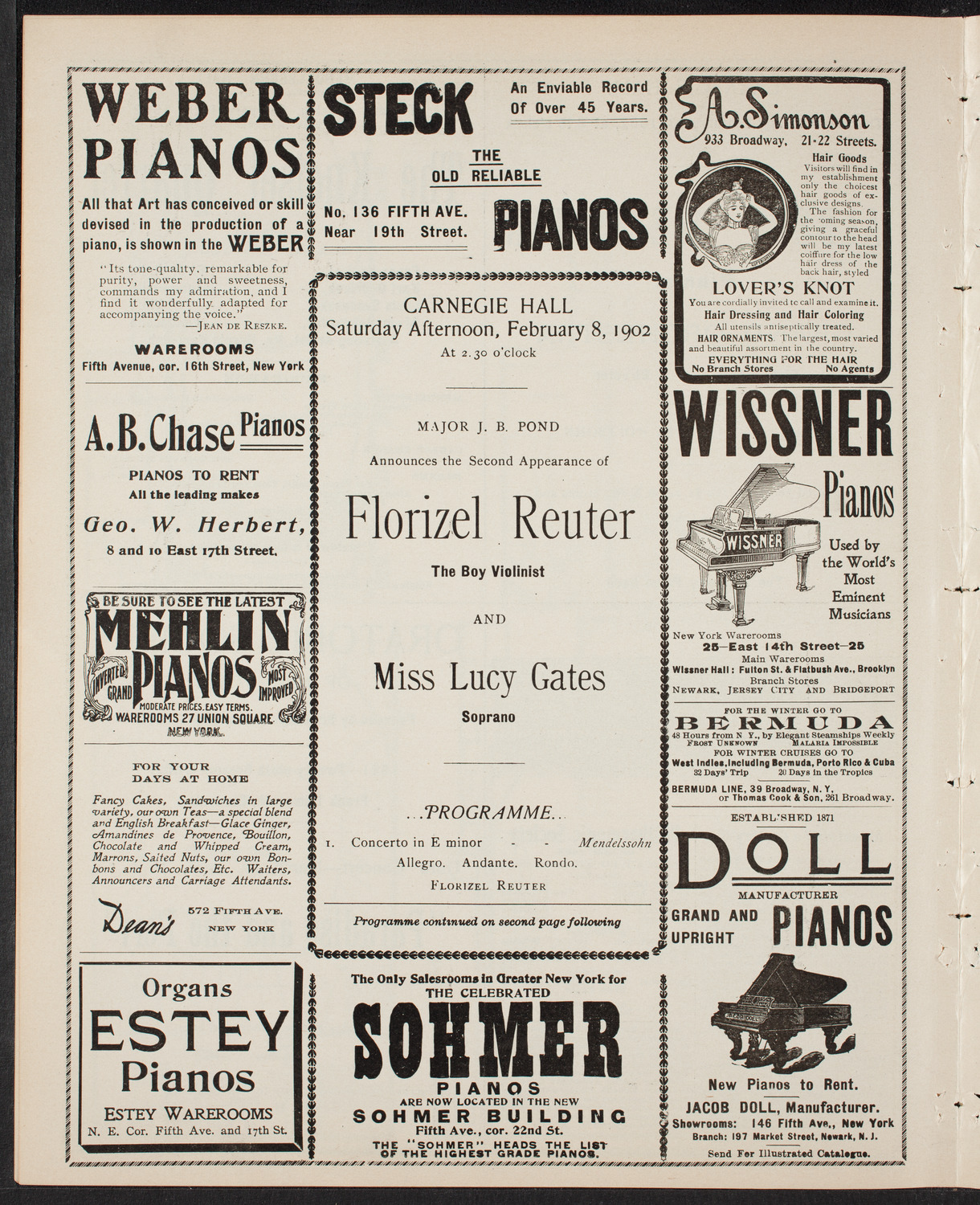 Florizel Reuter with Lucy Gates, February 8, 1902, program page 6