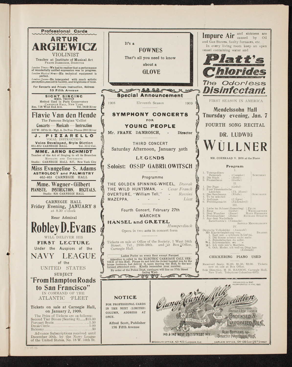 People's Choral Union with the Music School Settlement Orchestra, January 3, 1909, program page 9