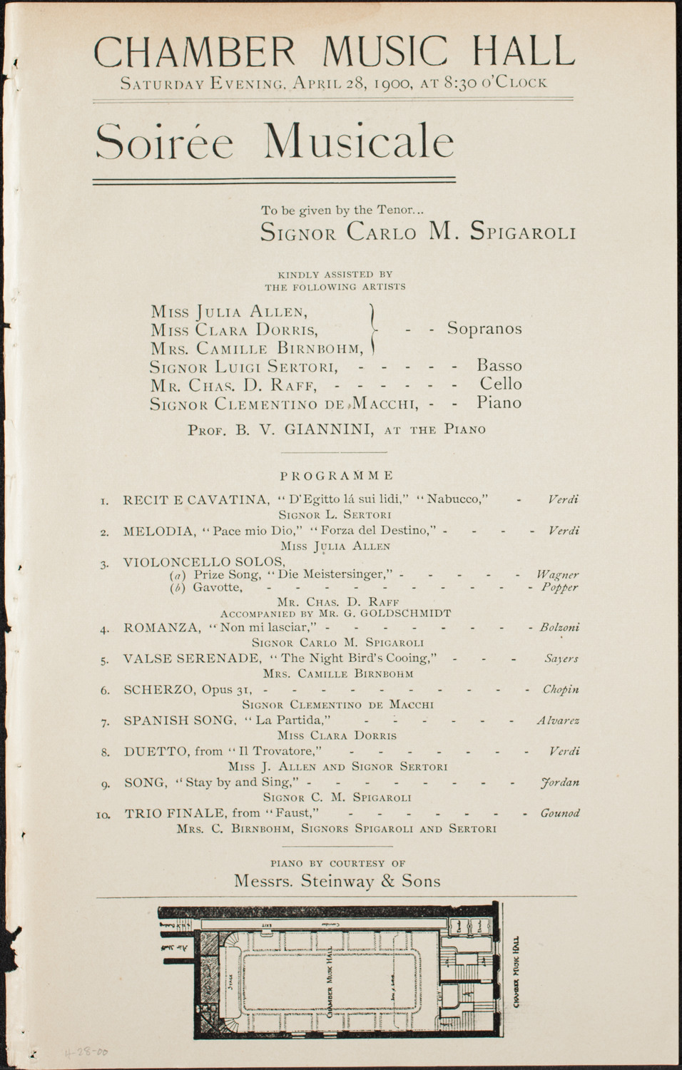 Carlo Spigaroli Soirée Musicale, April 28, 1900, program page 1