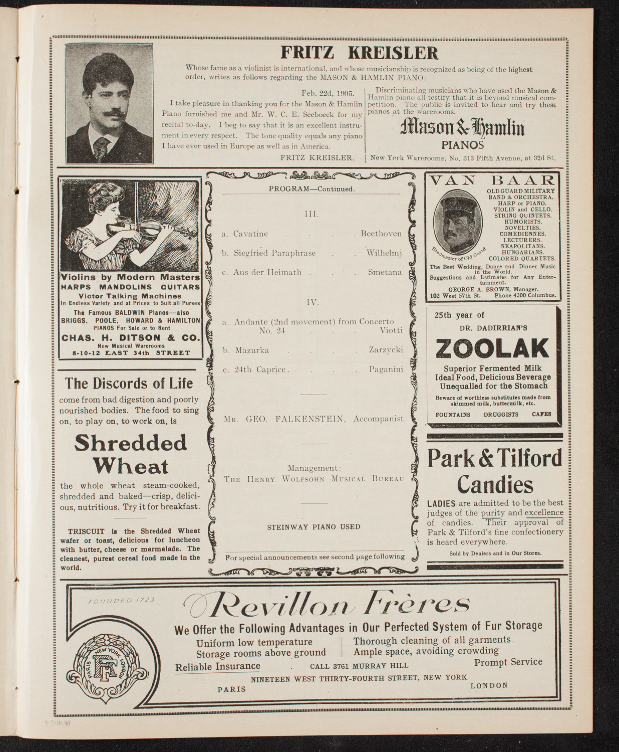 Fritz Kreisler, Violin, April 2, 1910, program page 7