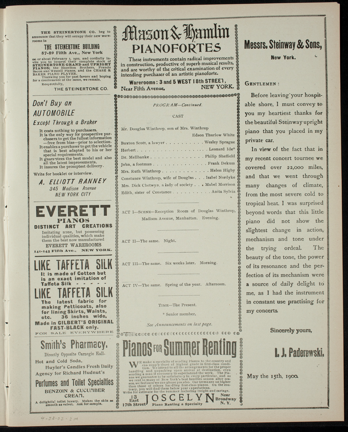 American Academy of the Dramatic Arts Private Dress Rehearsal, April 28, 1902, program page 3