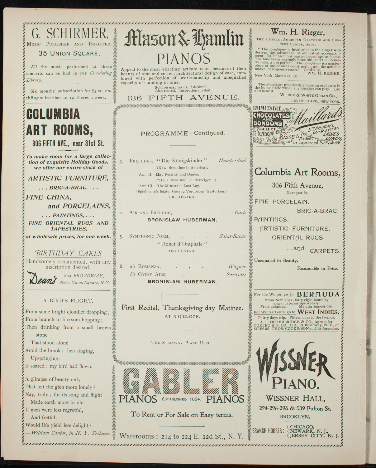 Bronislaw Huberman, Violin, with Seidl's Metropolitan Permanent Orchestra, November 21, 1896, program page 6