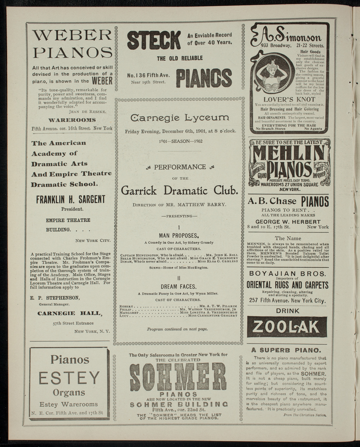 Garrick Dramatic Club, December 6, 1901, program page 2