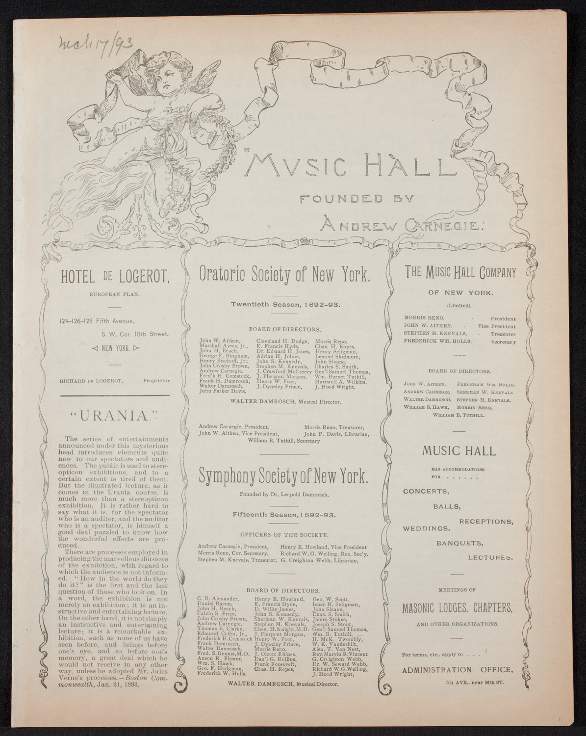 Oratorio Society of New York, March 17, 1893, program page 1