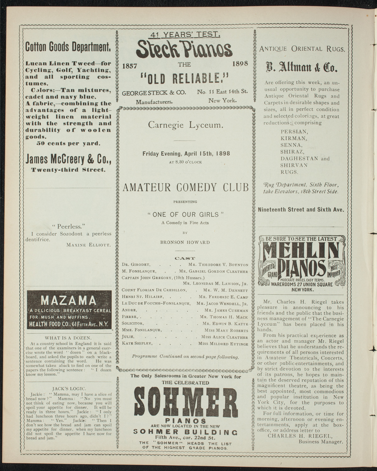 Amateur Comedy Club, April 15, 1898, program page 4