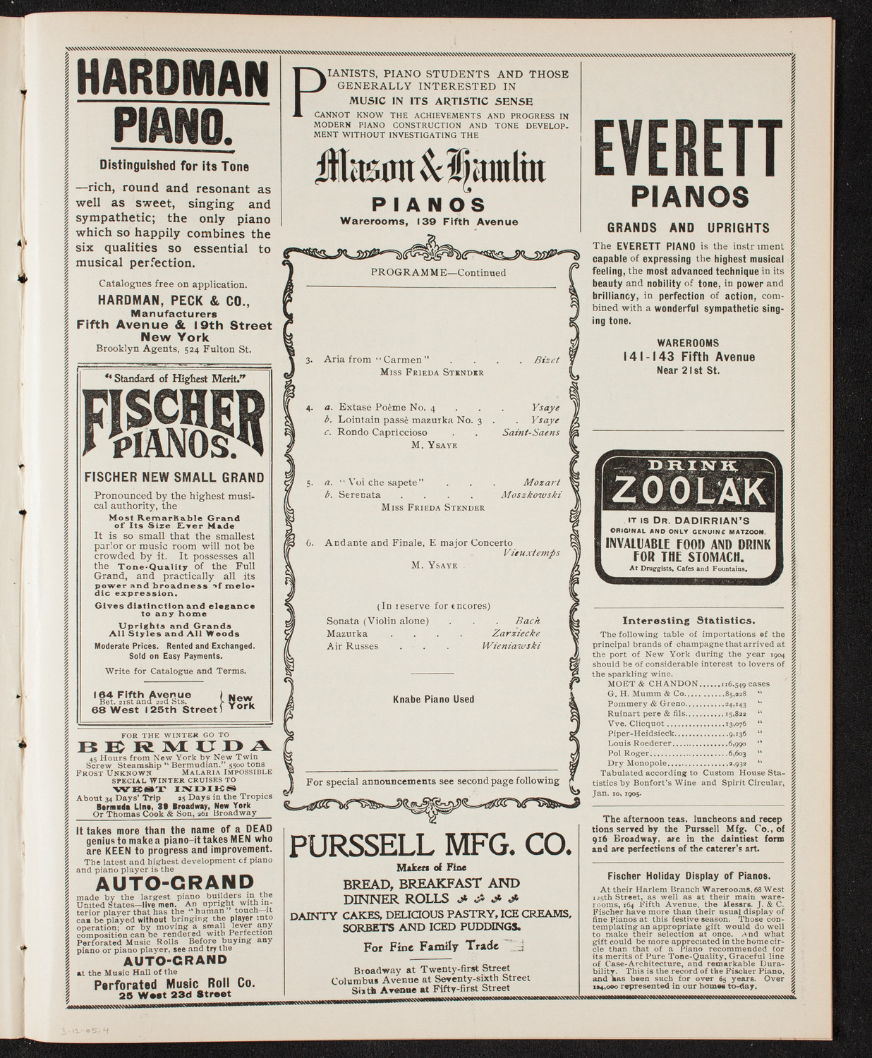 Eugène Ysaÿe, Violin, March 12, 1905, program page 7